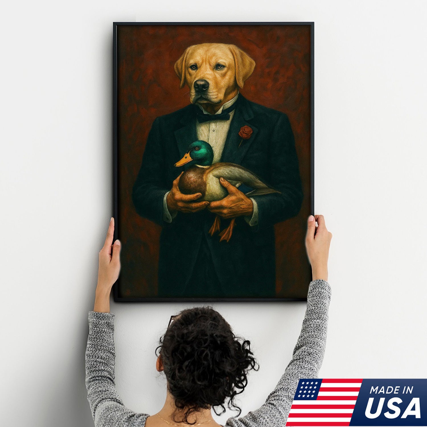 Yellow Labrador Retriever Canvas Wall Art – Distinguished Dog in Tuxedo Holding Mallard Duck – Elegant Hunting Dog Portrait Decor