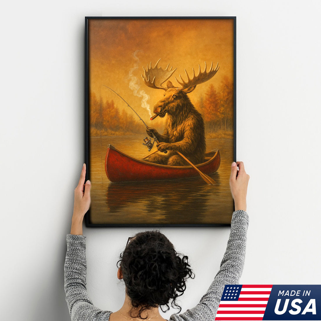 Funny Moose Fishing Canvas Wall Art, Rustic Cabin & Lodge Decor for Hunters & Fishermen