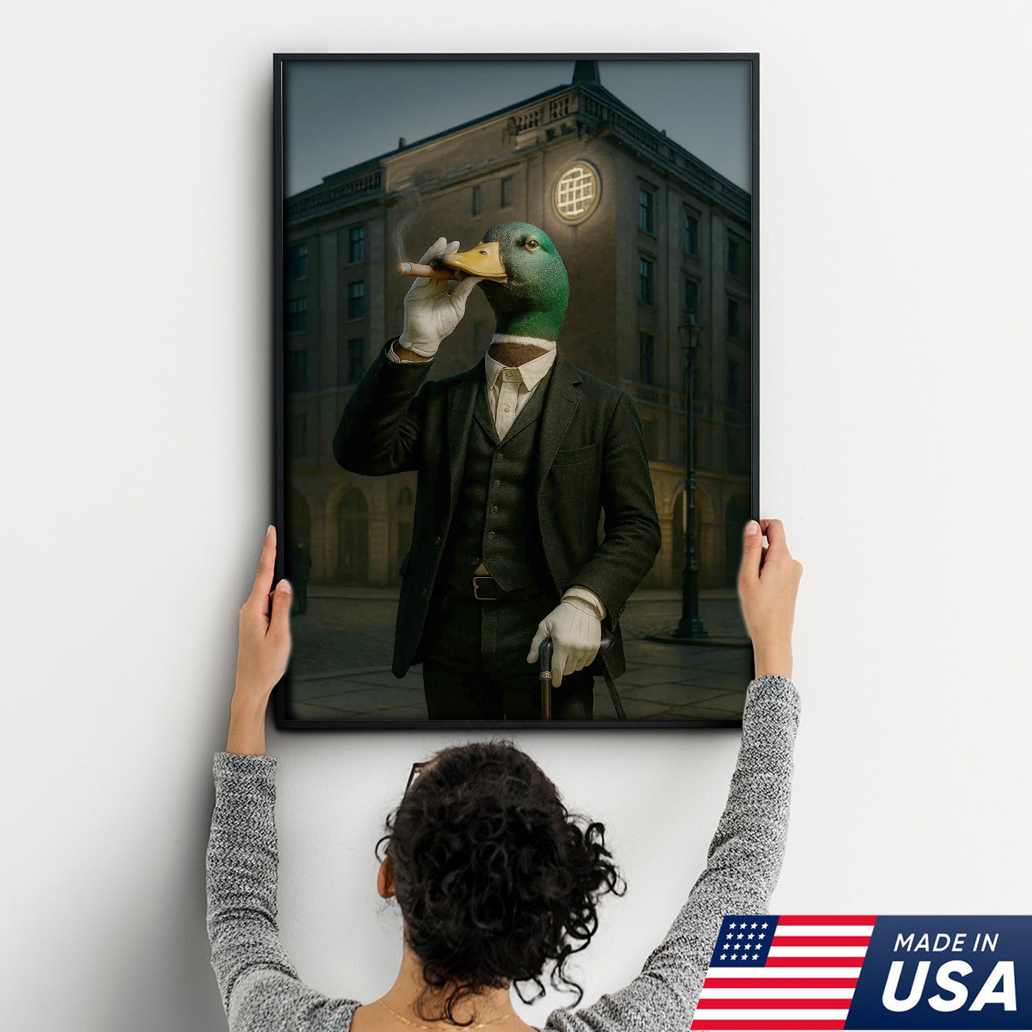 Mallard Gentleman Canvas – Duck in Suit Portrait, Vintage Noir Animal Wall Art for Office & Cabin