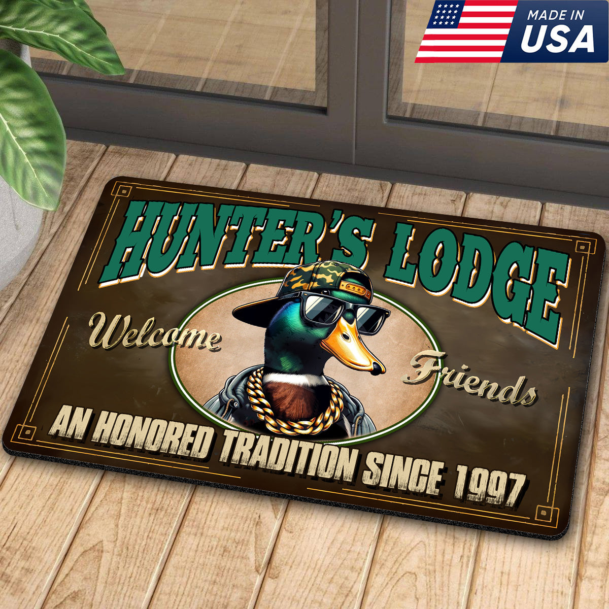 Personalized Hunter’s Lodge Duck Doormat – Funny Hunting Welcome Mat with Custom Year, Rustic Cabin & Lodge Decor