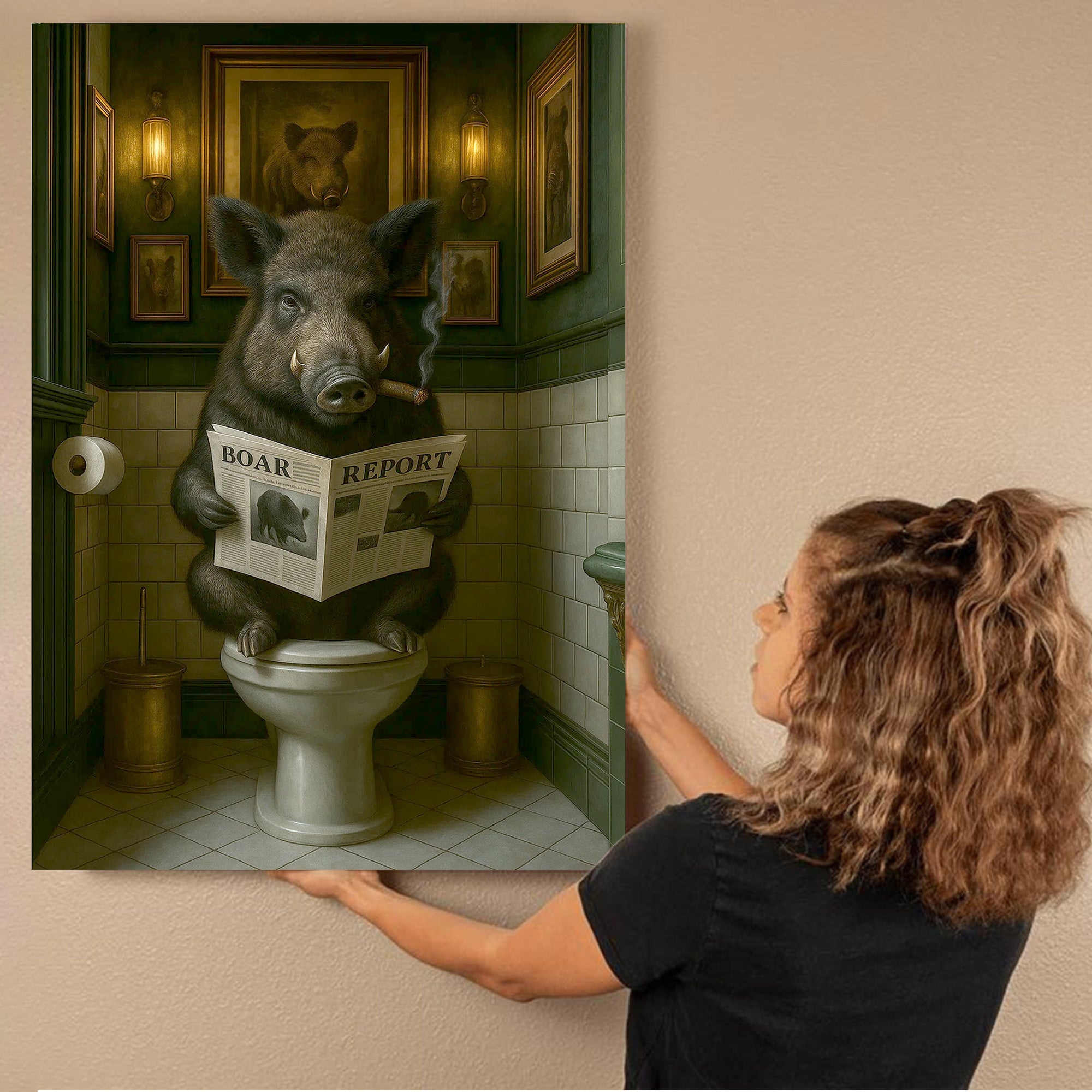 Funny Comical Wild Hog Poster – Smoking Boar on Toilet - Unique Rustic Gift for Hunters or Cabin Bathroom Decor