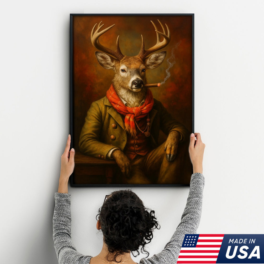Vintage Deer Canvas Wall Art - Gentleman Stag with Smoking Wall Decor – Rustic Hunting Lodge