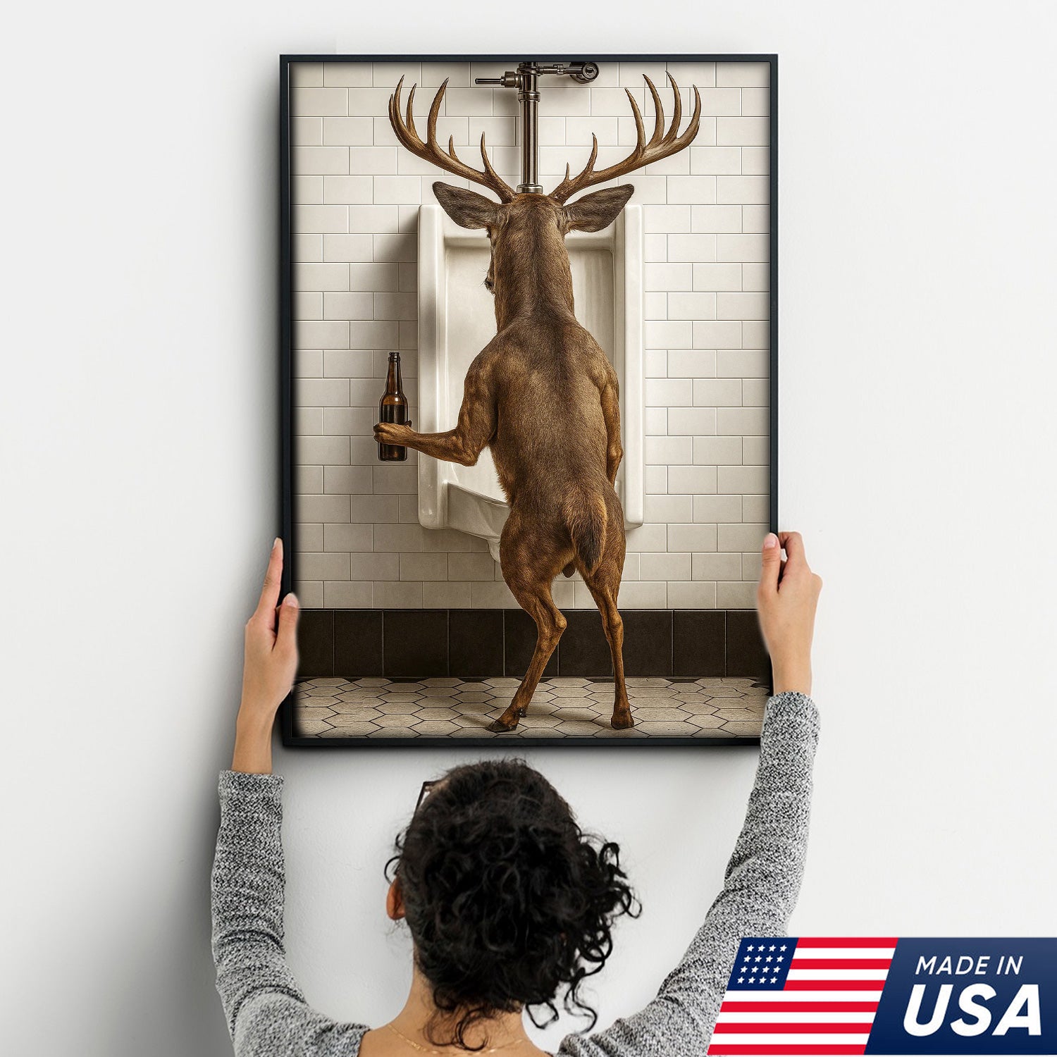 Deer Holding Beer and Standing at the Urinal Canvas – Hilarious Bathroom Wall Art for Rustic Cabin & Man Cave
