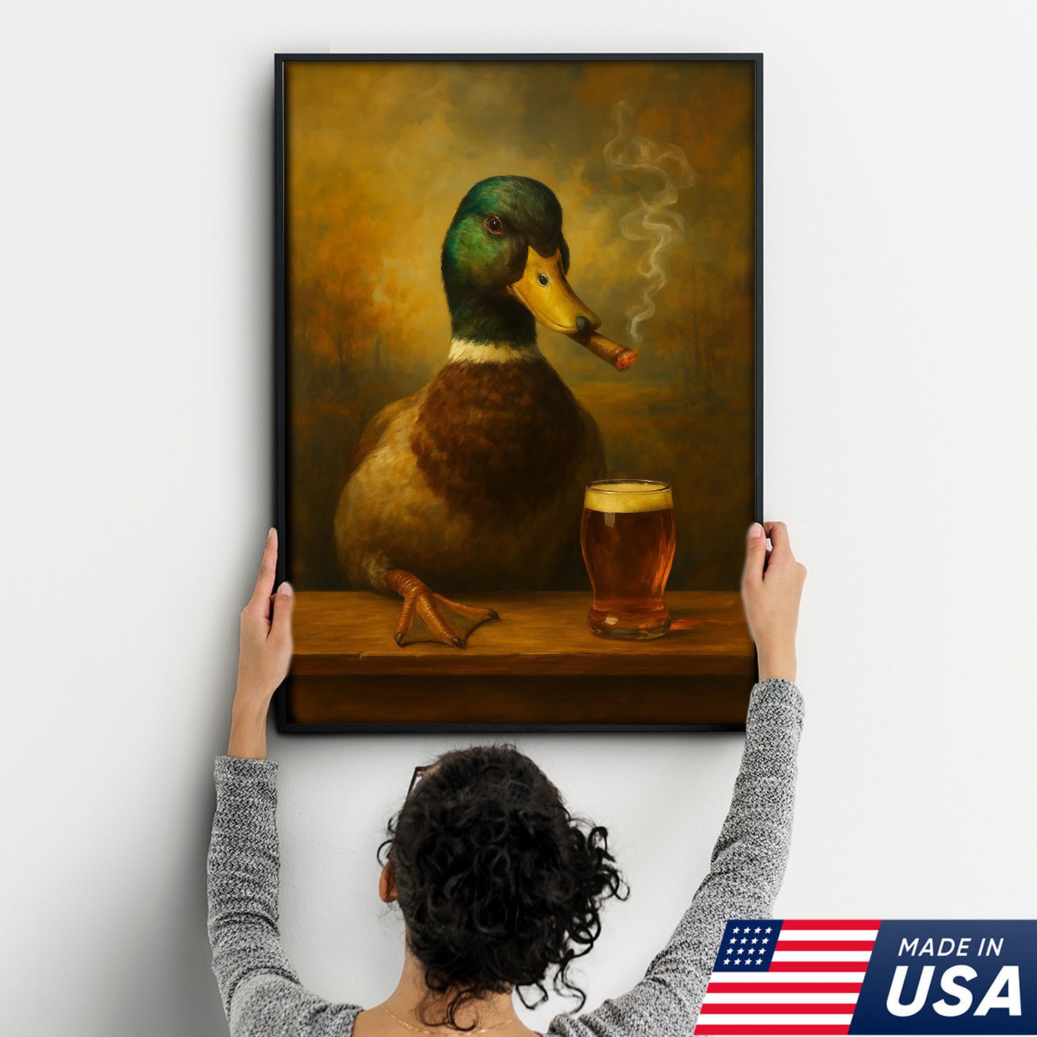 Funny Mallard Duck Smoking & Drinking Cocktail Glasses Canvas Wall Art - Rustic Hunting Perfect Gift for Hunters & Cocktail Glasses Lovers