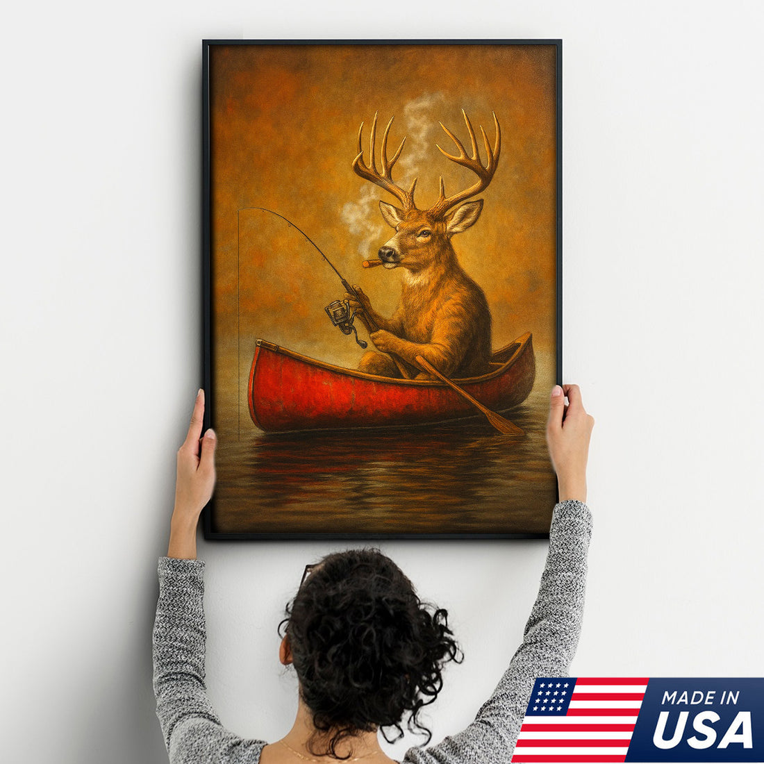Funny Mule Deer Fishing Canvas Wall Art, Rustic Cabin & Lodge Decor for Hunters & Fishermen