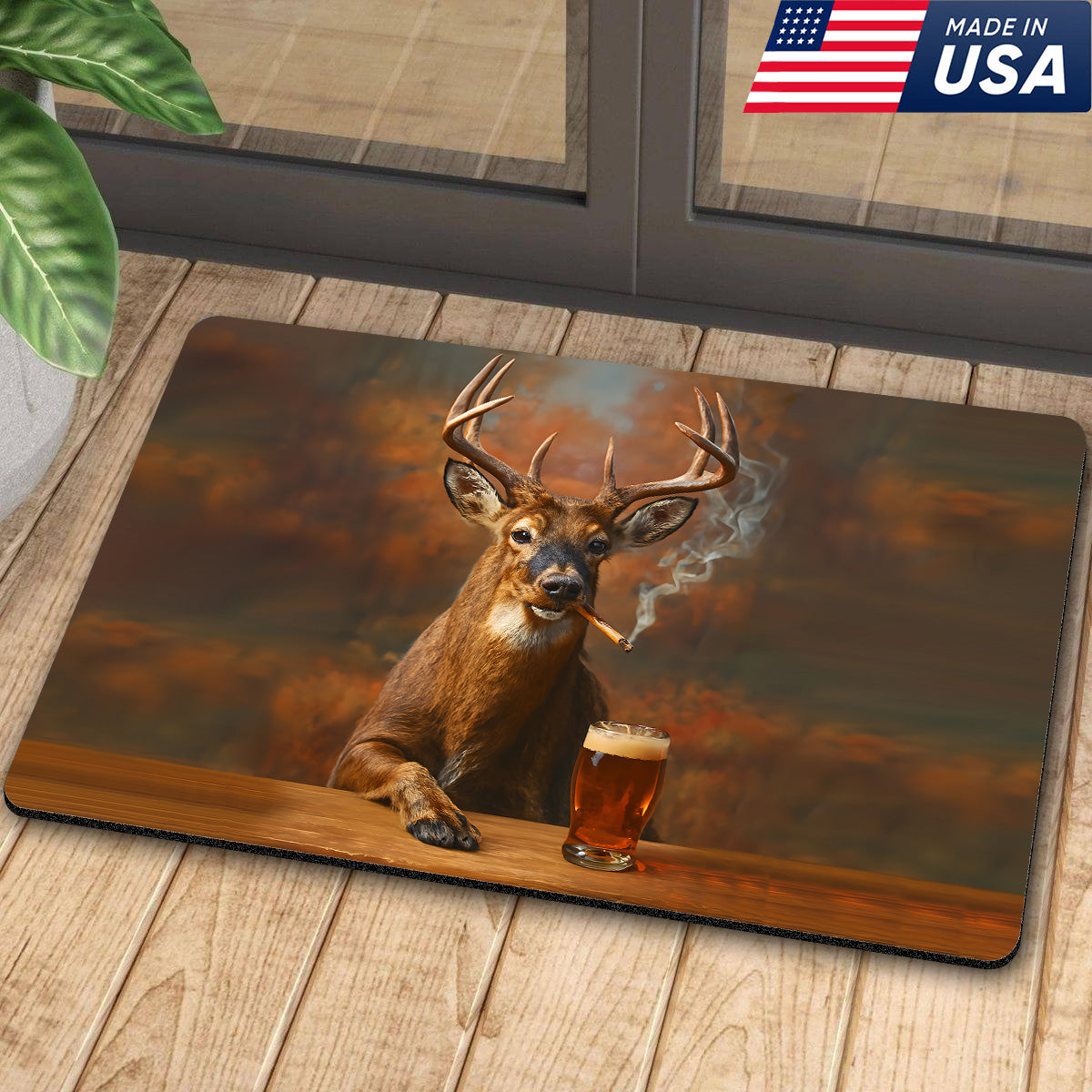 Deer Smoking & Bar Glassware Doormat – Funny Hunting Cabin Rug, Man Cave & Outdoor Decor Gift