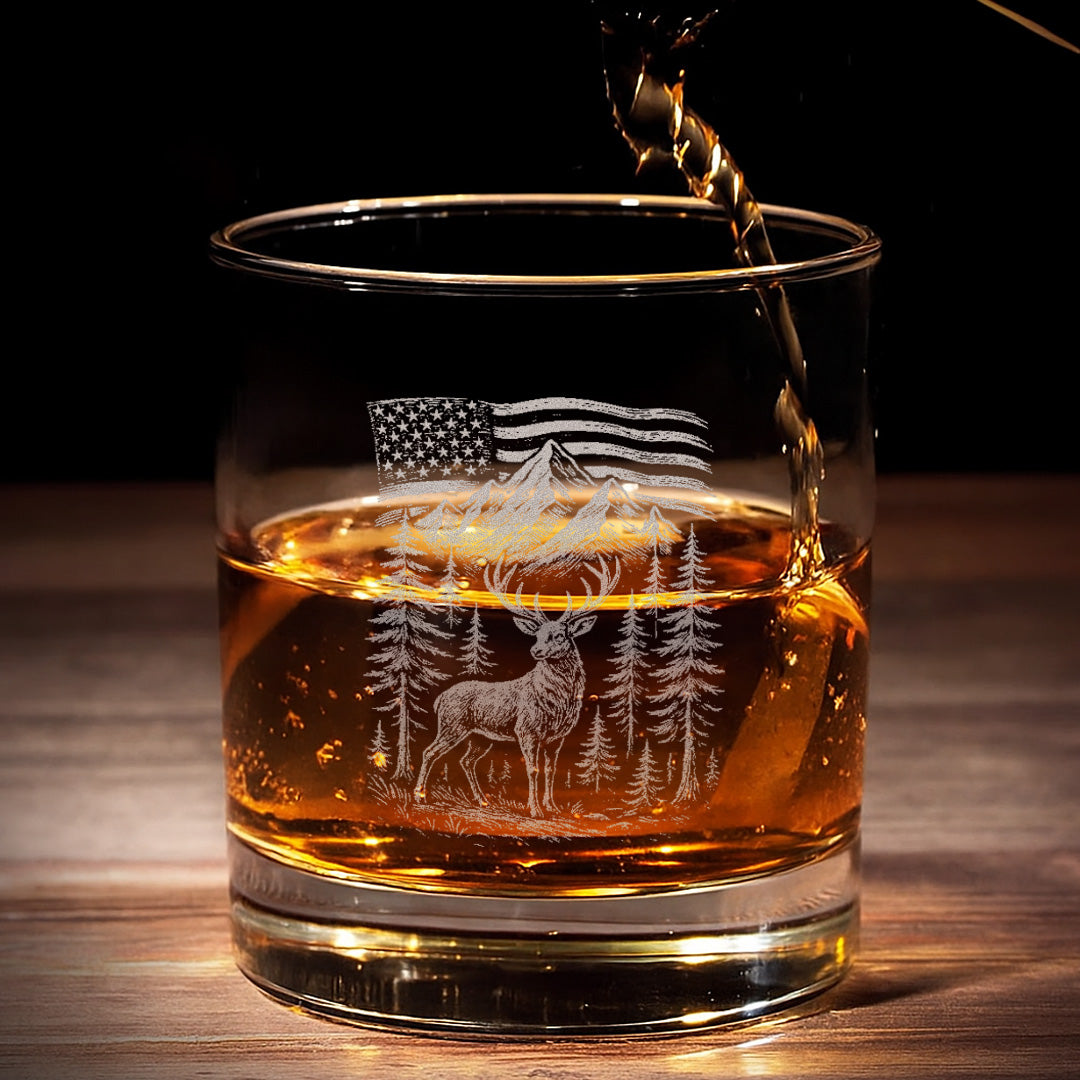 Patriotic Deer Whiskey Glass – Custom Engraved American Flag Hunting Gift for Outdoorsmen 2025 Limited Edition
