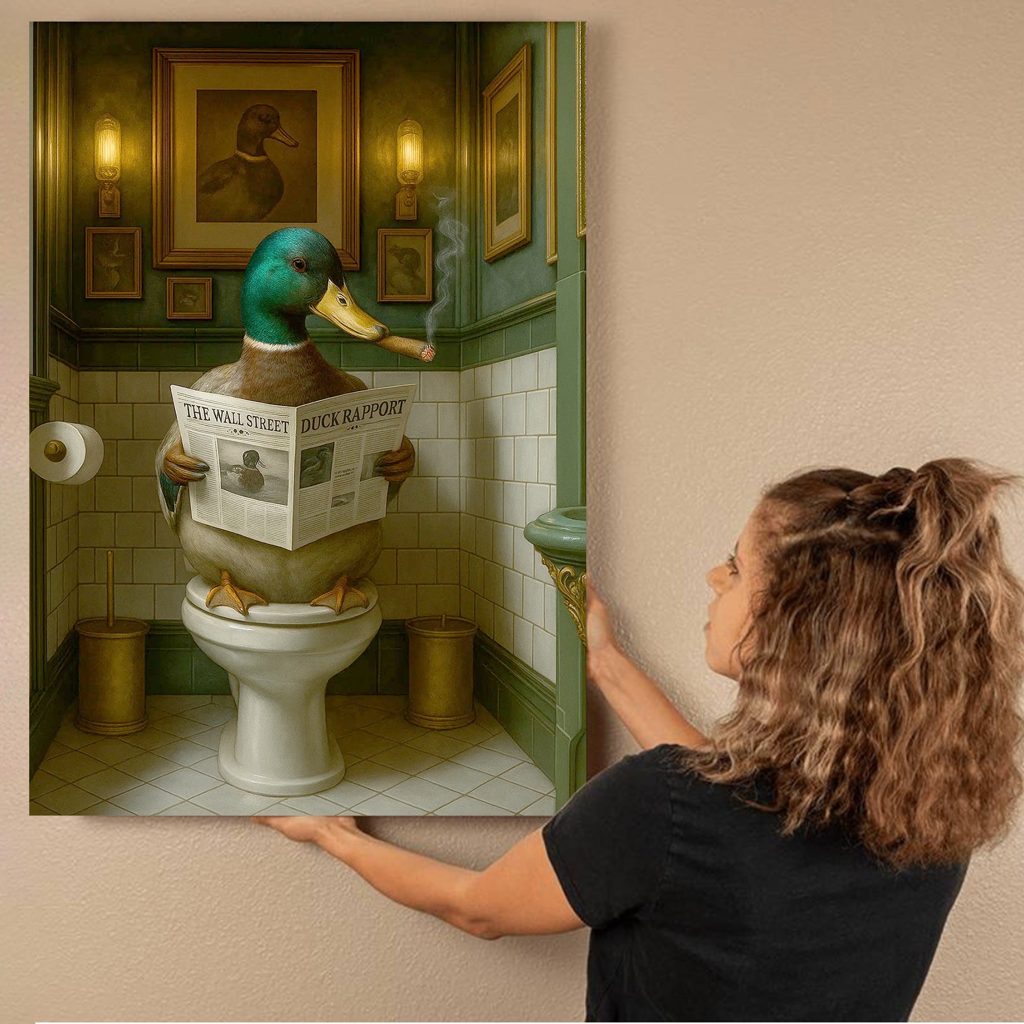 Duck Reading News Bathroom Wall Art – Rustic Decor for Men, Hunting Cabin Poster Hunters