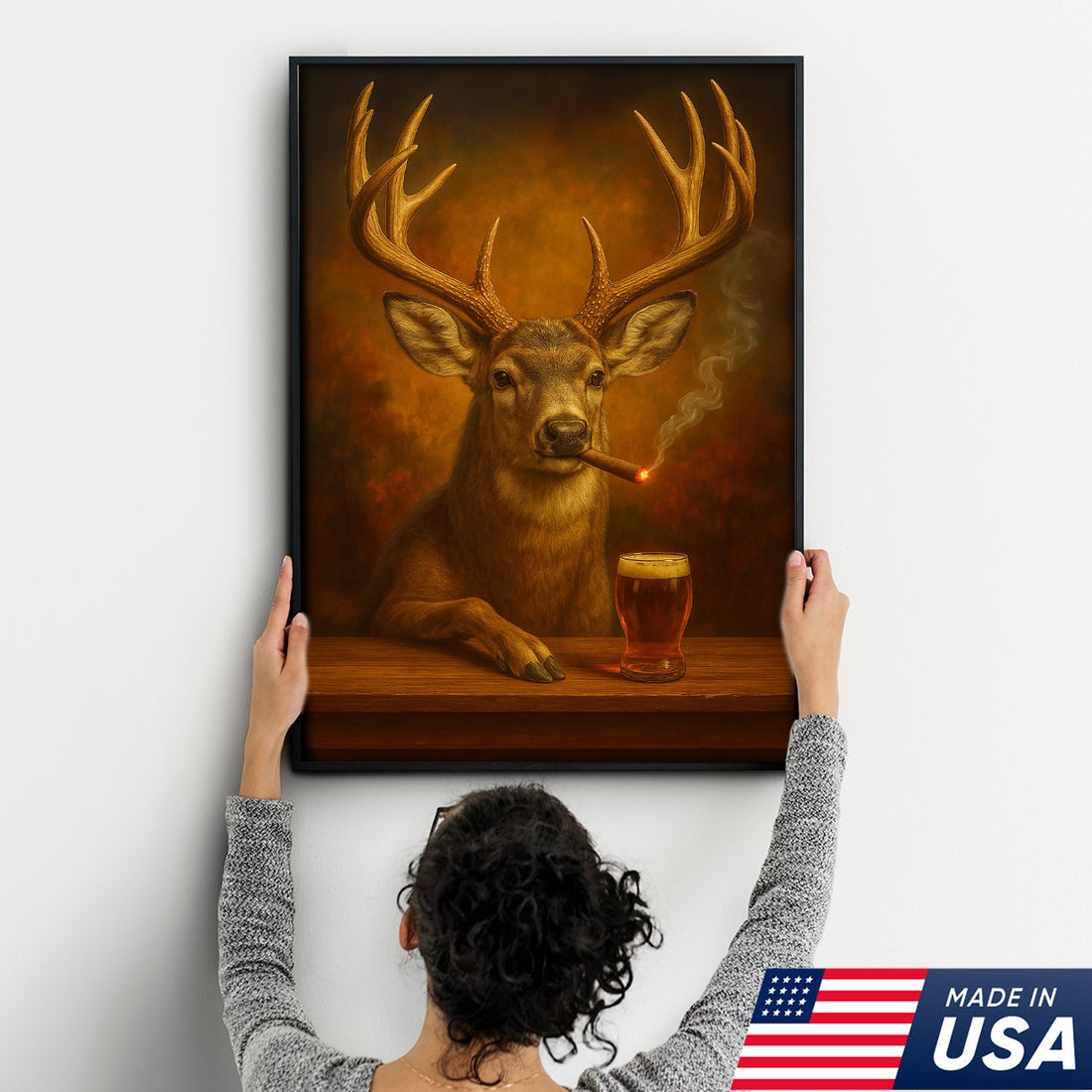Muke Deer With Smoking & Cocktail Glasses Canvas – Funny Hunting Lodge Wall Art Perfect Gift for Hunters & Cocktail Glasses Lovers