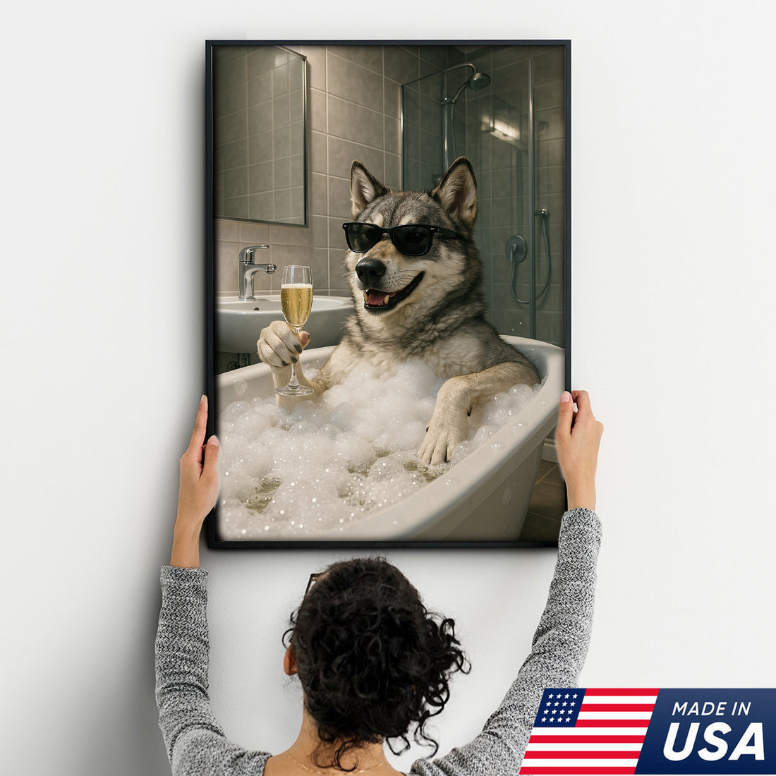Funny Wolf Canvas Wall Art – Quirky Animal Portrait Relaxing in Bathtub for Bathroom, Rustic Cabin & Home Decor