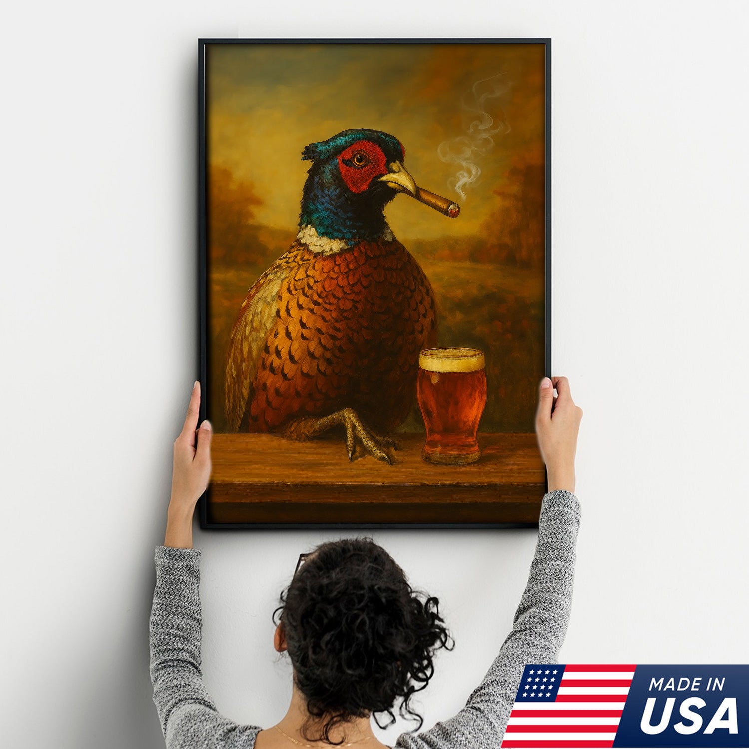 Pheasant With Smoking & Cocktail Glasses Canvas – Hunting Lodge Decor Perfect Gift for Hunters & Cocktail Glasses Lovers