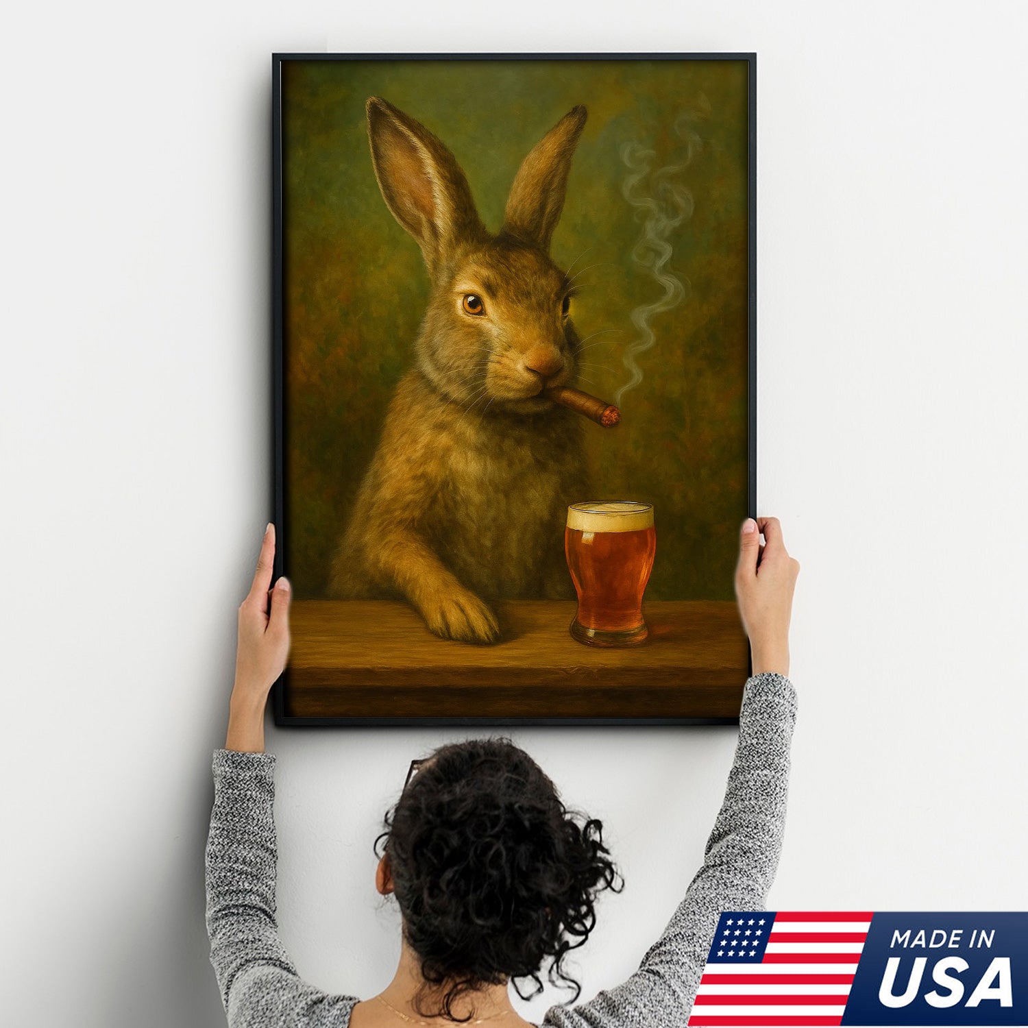 Funny Rabbit Smoking and Drinking Cocktail Glasses Canvas Wall Art – Rustic Cabin Decor