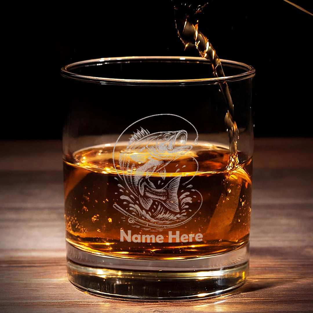 Custom Name Bass Fishing Whiskey Glass – Personalized Engraved Fisherman Gift 2025 Limited Edition