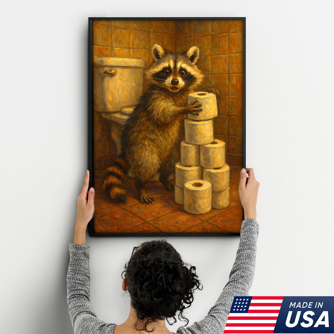 Funny Raccoon Canvas Wall Art – Cute Animal Bathroom Decor with Toilet Paper for Rustic Cabin & Home