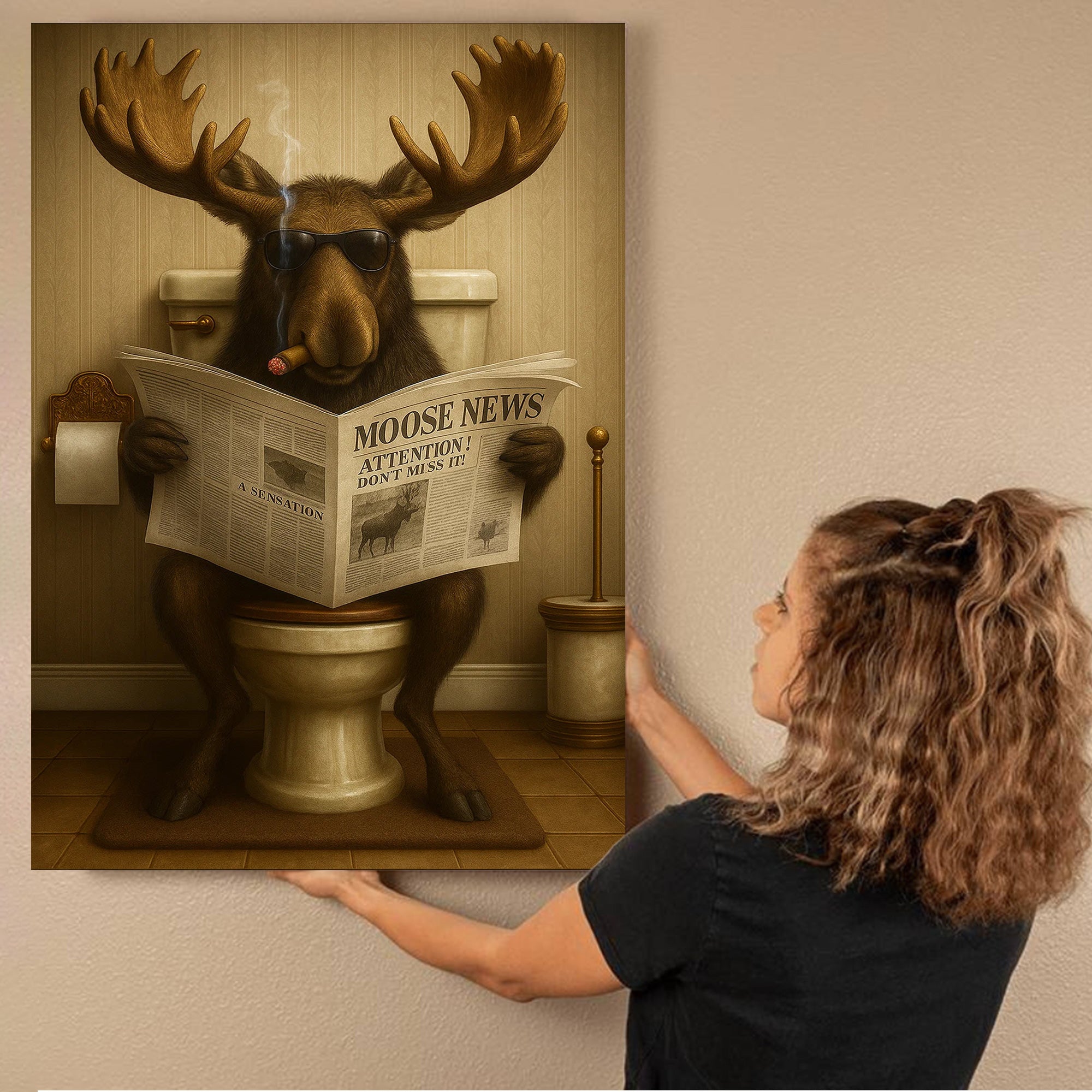 Funny Elk Hunting Lodge Moose Bathroom Canvas Wall Art – Wildlife Animal Poster - Unique Gift for Dad, Hunters & Outdoorsmen