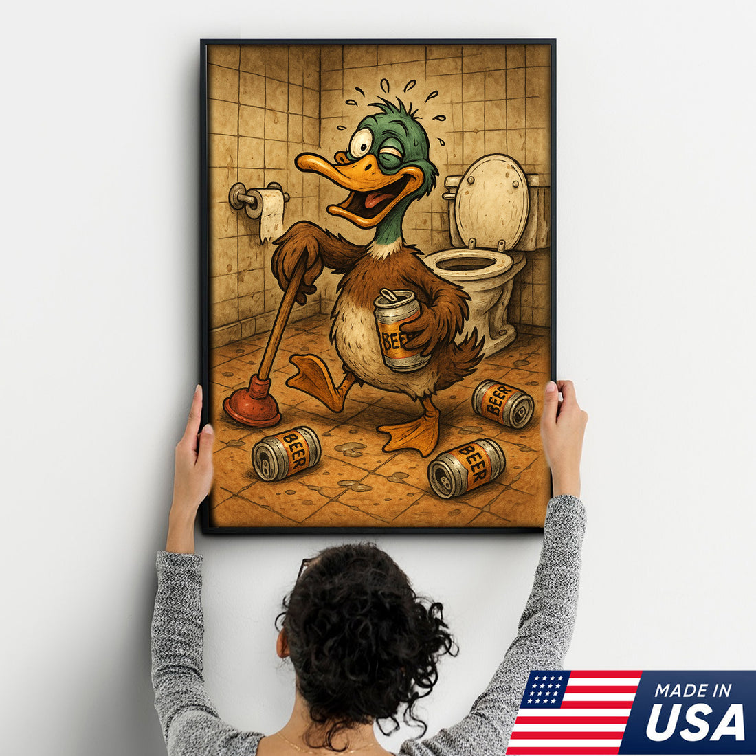 Funny Duck Canvas Wall Art – Hilarious Bathroom Decor with Soda Cans and Plunger for Rustic Cabin & Home