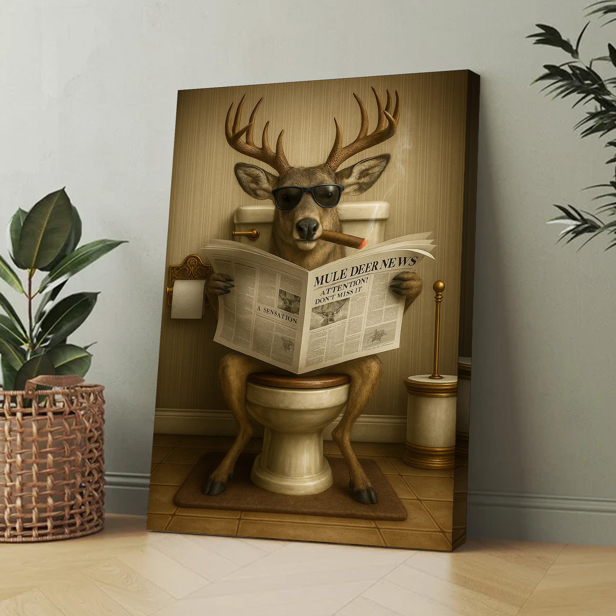 Funny Mule Deer Newspaper Bathroom Canvas Wall Art – Wildlife Animal Poster - Unique Gift for Dad, Hunters & Outdoorsmen