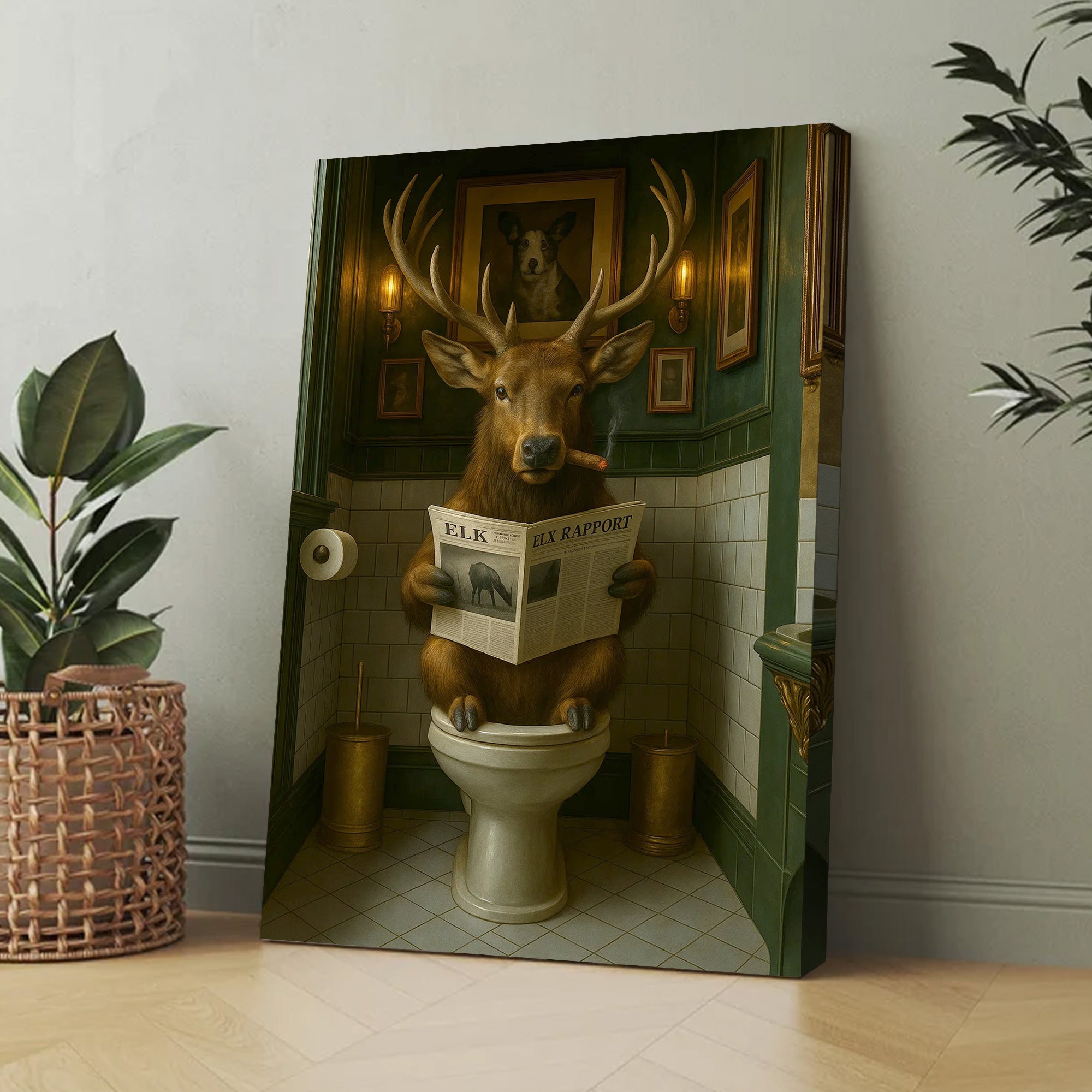 Funny Elk Bathroom Canvas – Smoking-Smoking Deer Reading Newspaper on Toilet - Rustic Cabin Wall Art for Hunters