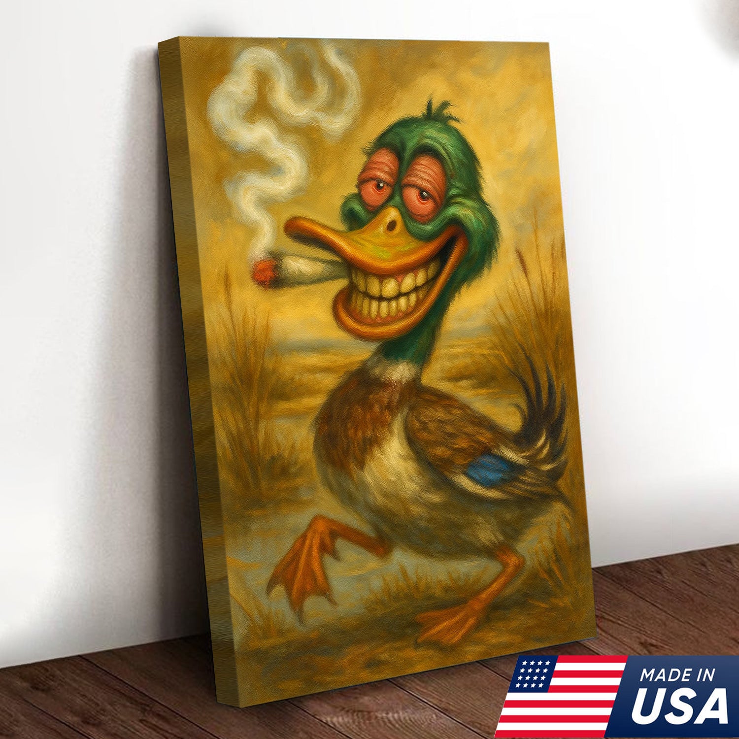 Funny Duck Smoking Cigar Canvas Wall Art – Rustic Hunting Cabin Decor, Man Cave & Lodge Gift
