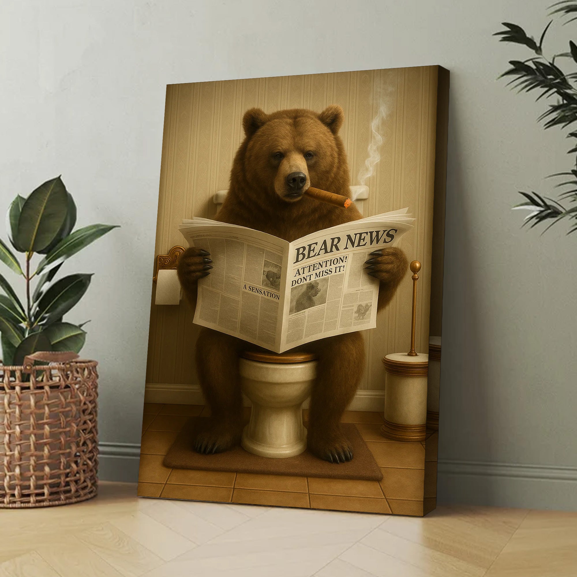 Grizzly Bear Bathroom Canvas – Funny Cabin Decor with Bear Hunting on Toilet Reading Newspaper - Gift for Outdoorsmen