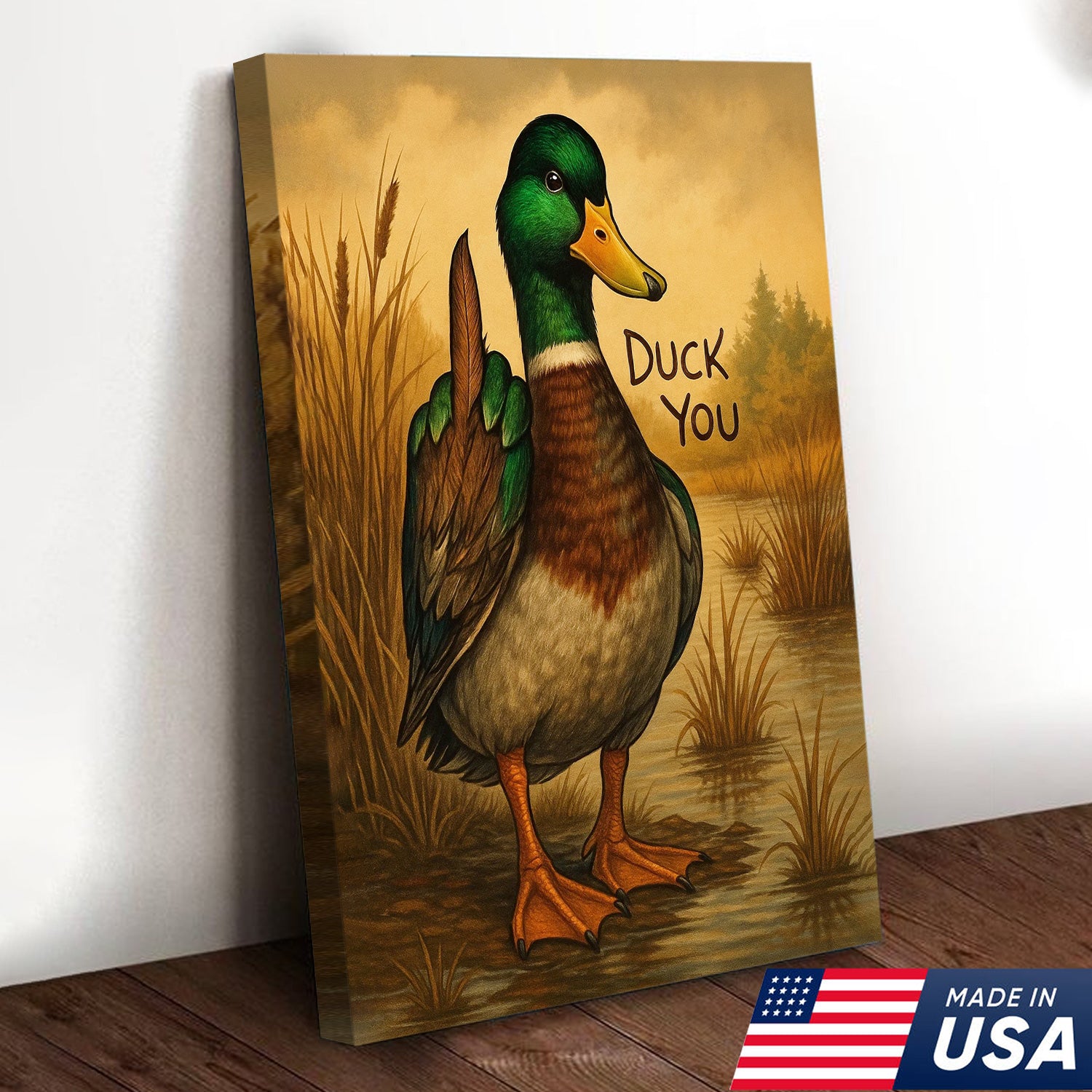 Funny Mallard Duck Canvas Wall Art – Cheeky Bathroom Decor, Rustic Lake House & Farmhouse Print