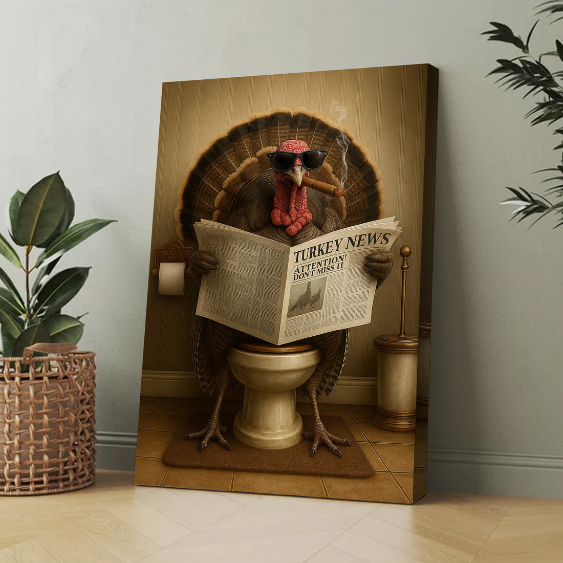 Turkey Reading News Smoking Bathroom Wall Art – Rustic Decor for Men, Hilarious Gift for Men, Hunter