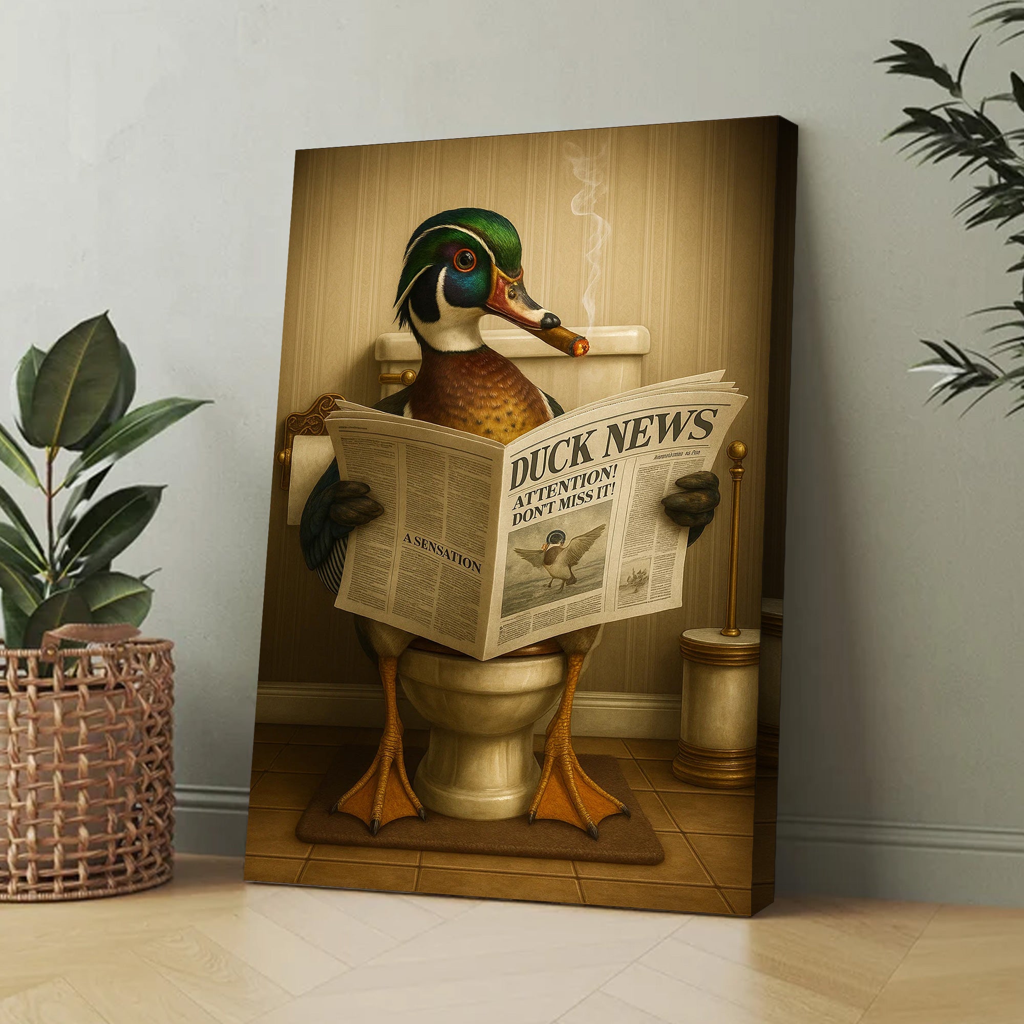 Funny Wood Duck Read Newspaper Bathroom Canvas – Hunting Wildlife Animal Poster - Unique Gift for Dad, Hunters