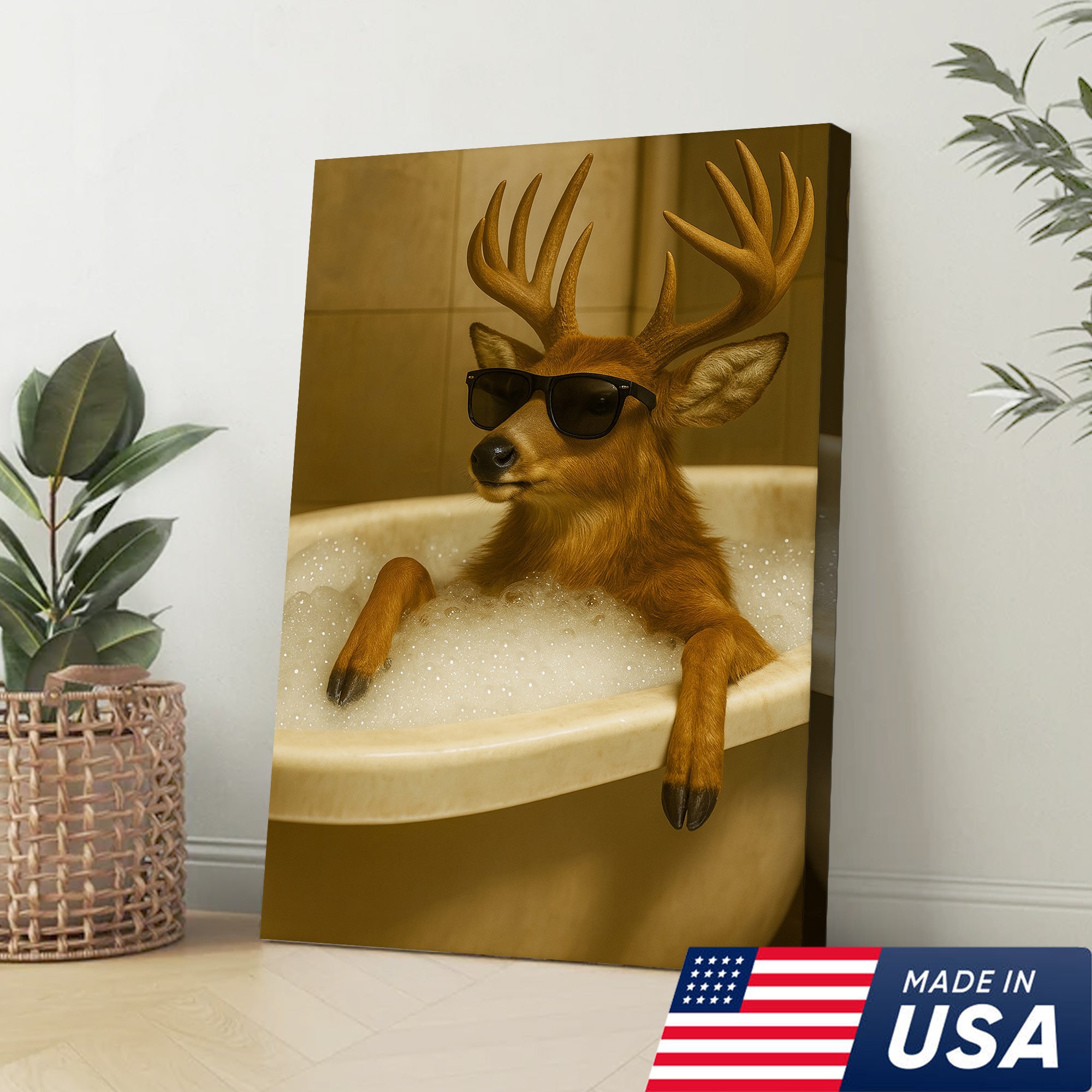 Funny Deer Wall Art – Cool Buck in Bathtub Poster for Hunters & Rustic Cabin Decor