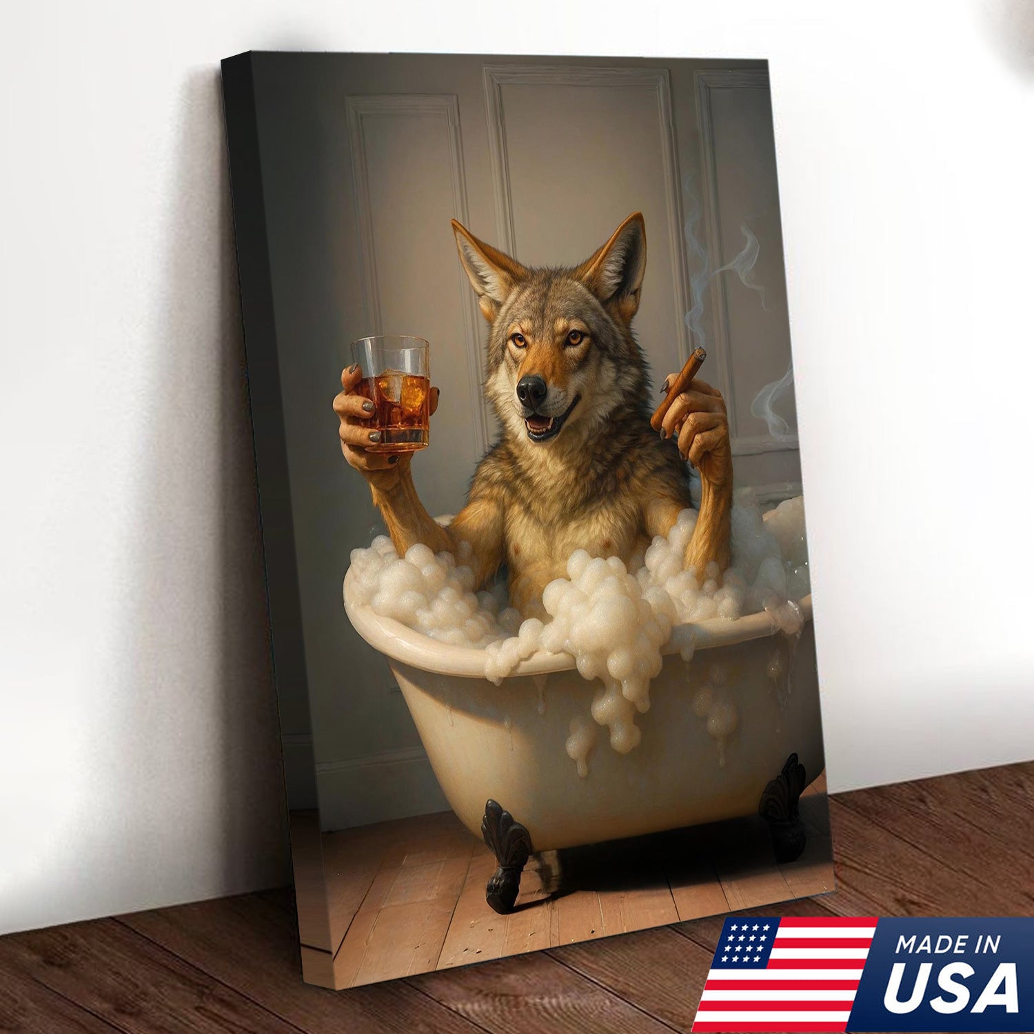 Wolf Coyote Chilling in Bubble Bath Canvas Wall Art – Whimsical Bathroom Decor, Rustic Farmhouse & Cabin Print