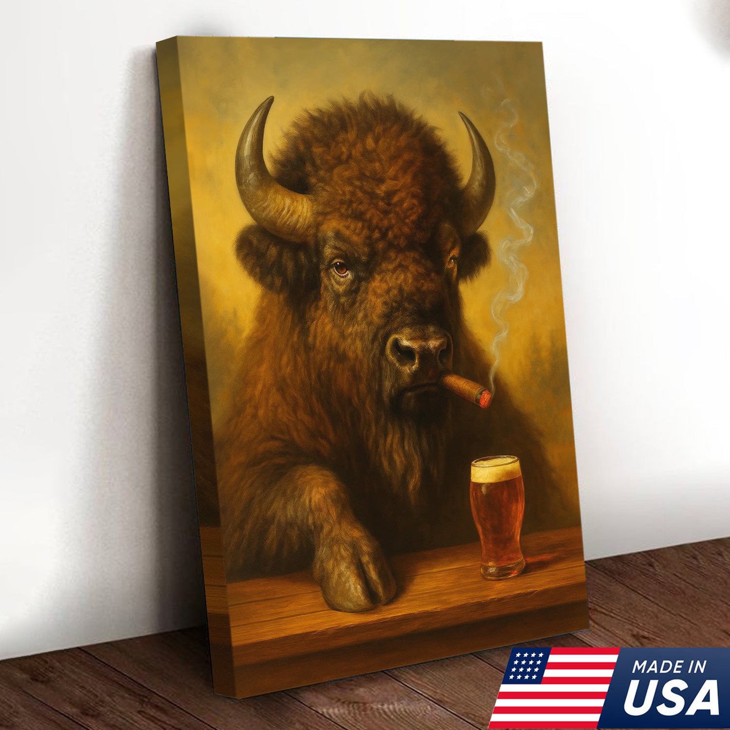 Funny Bison Smoking & Drinking Canvas Wall Art - Rustic Bar & Hunting Lodge Decor