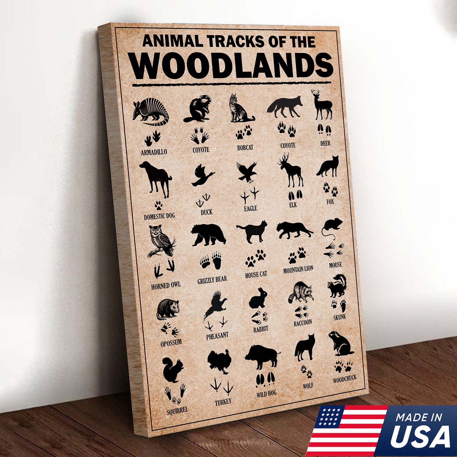 Animal Tracks of the Woodlands Canvas Wall Art, Wildlife Footprint Chart, Rustic Hunting Cabin & Educational Decor