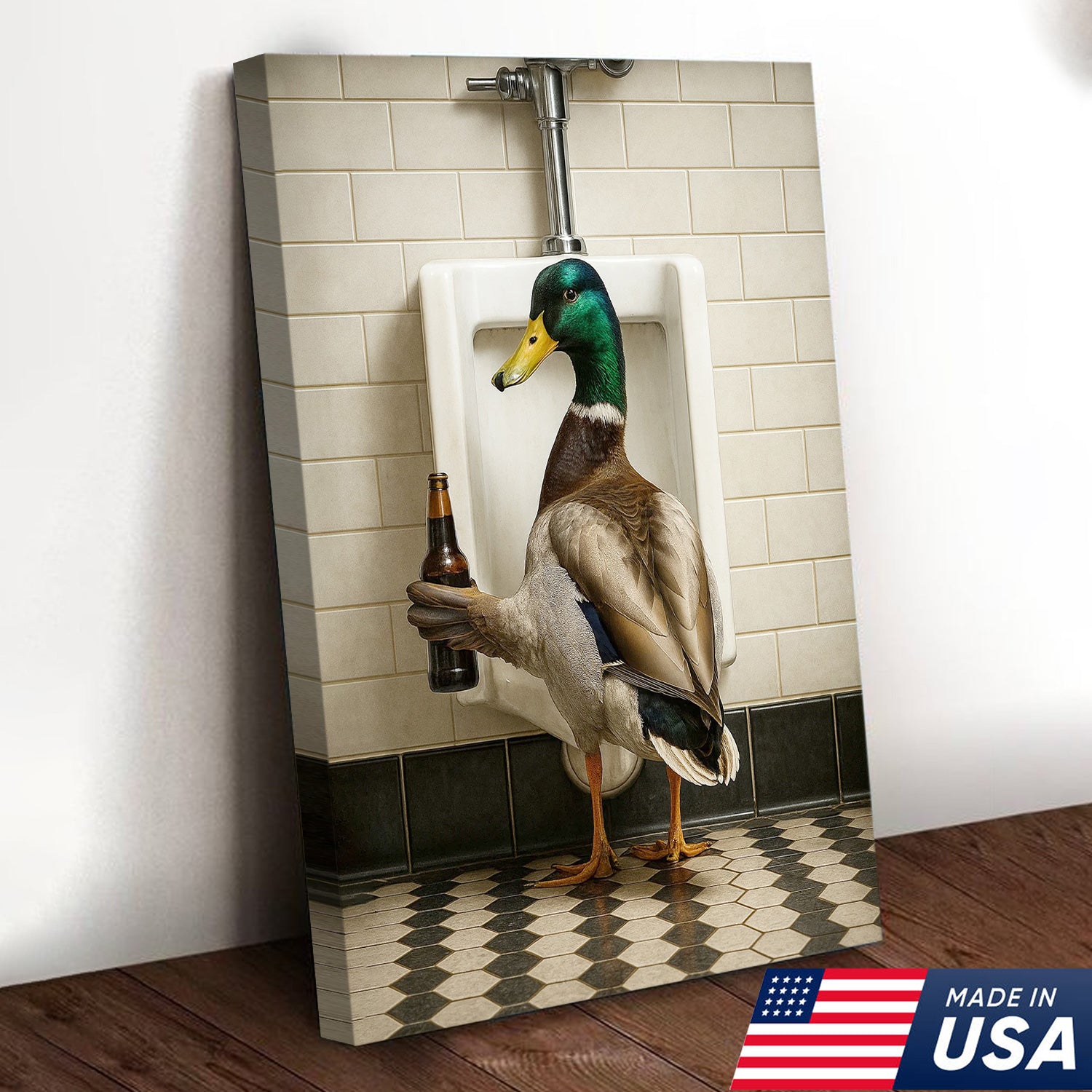 Funny Mallard Duck Holding Beer Bathroom Canvas – Duck at Urinal Wall Art, Rustic Cabin & Man Cave Decor
