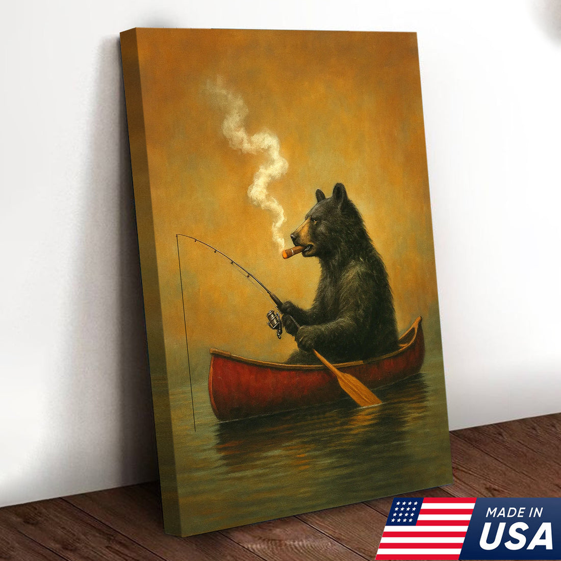 Bear Smoking Fishing Canvas, Funny Lodge Wall Art, Canoe Fishing Rustic Cabin Wall Art