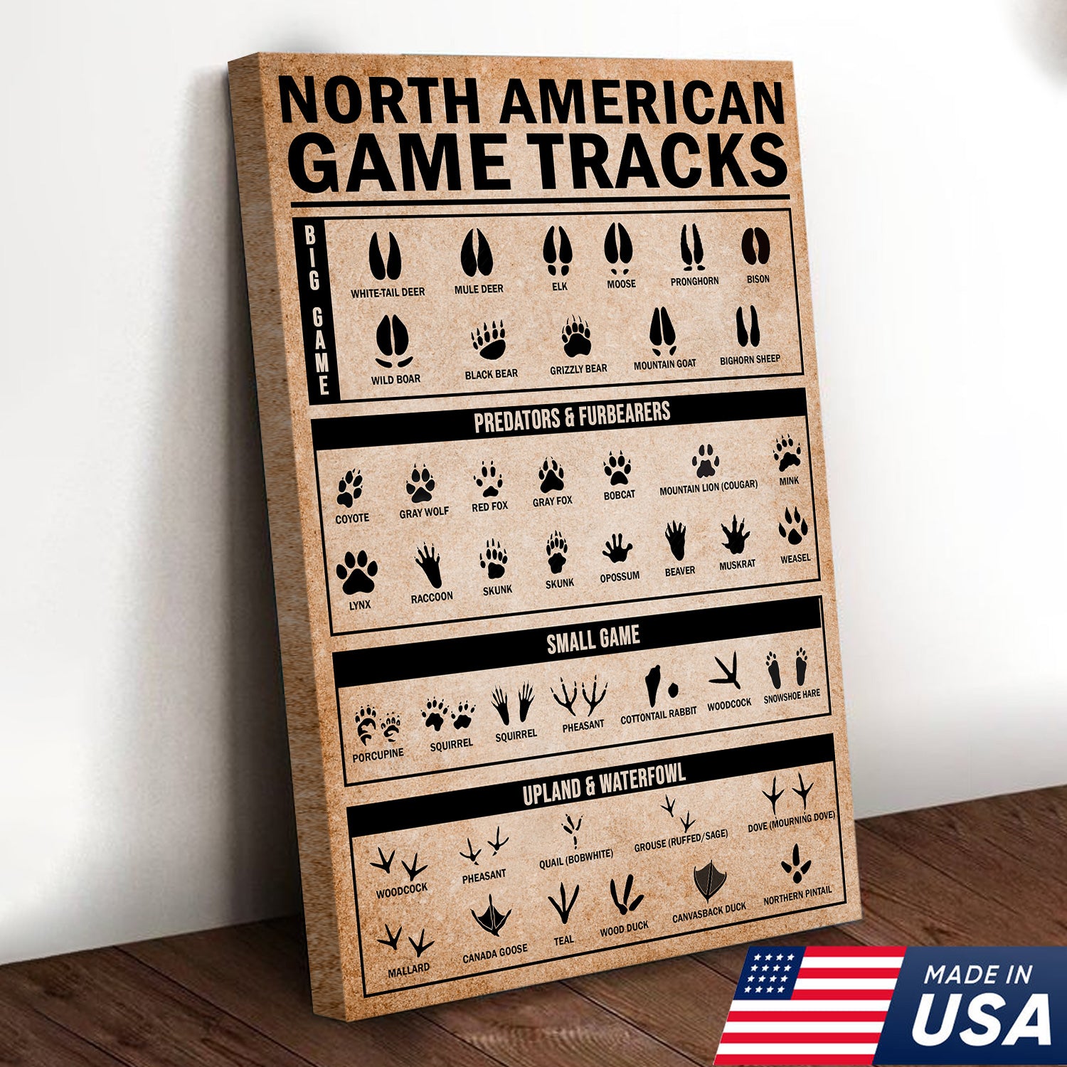 North American Game Tracks Canvas, Hunting Lodge Wall Art, Rustic Cabin Canvas Decor