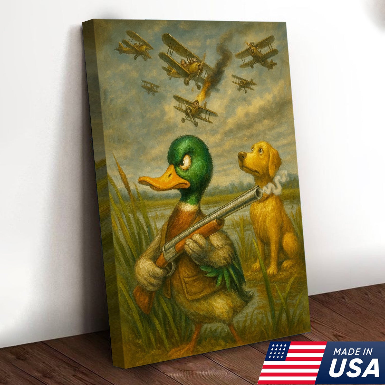 Funny Duck with Shotgun Canvas Wall Art – Hunting Dog & Airplane Battle Rustic Decor, Man Cave Lodge Gift