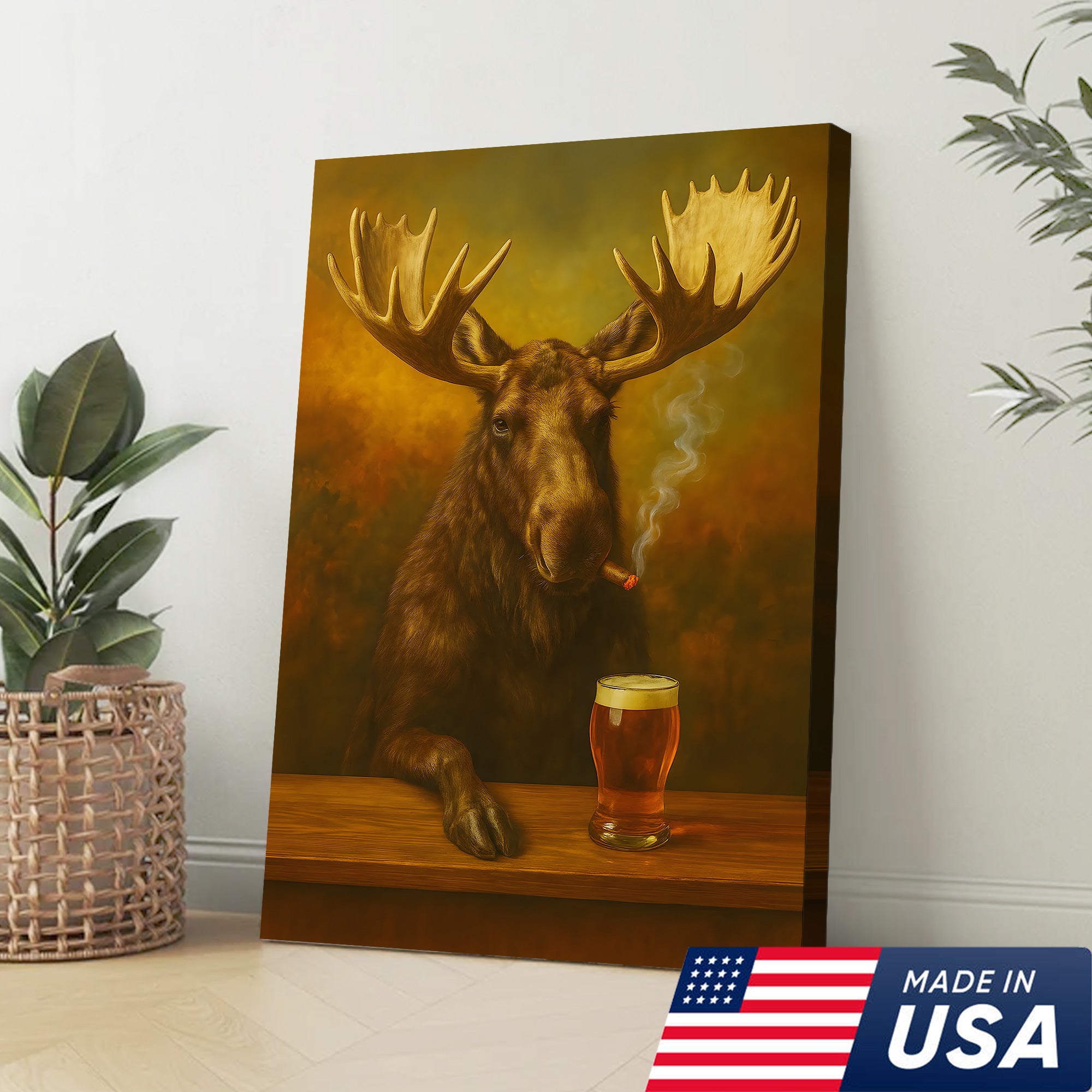 Moose Smoking & Drinking Canvas - Rustic Bar Wall Art Hunting Lodge & Man Cave Decor