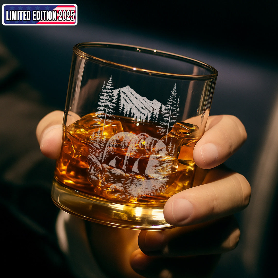 Bear Forest Engraved Whiskey Glass, Rustic Barware Gift for Hunters, Outdoorsmen & Whiskey Lovers