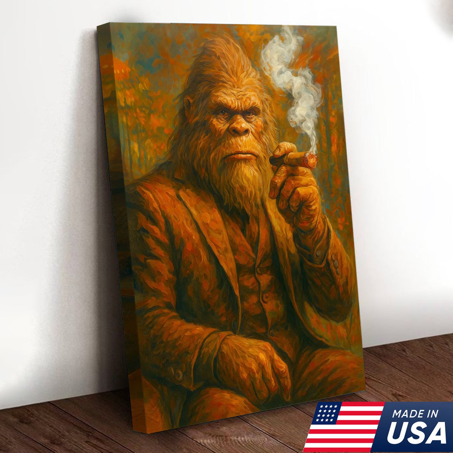 Bigfoot Smoking Canvas, Sasquatch Wall Art Print for Man Cave, Rustic Cabin & Smoking Lounge