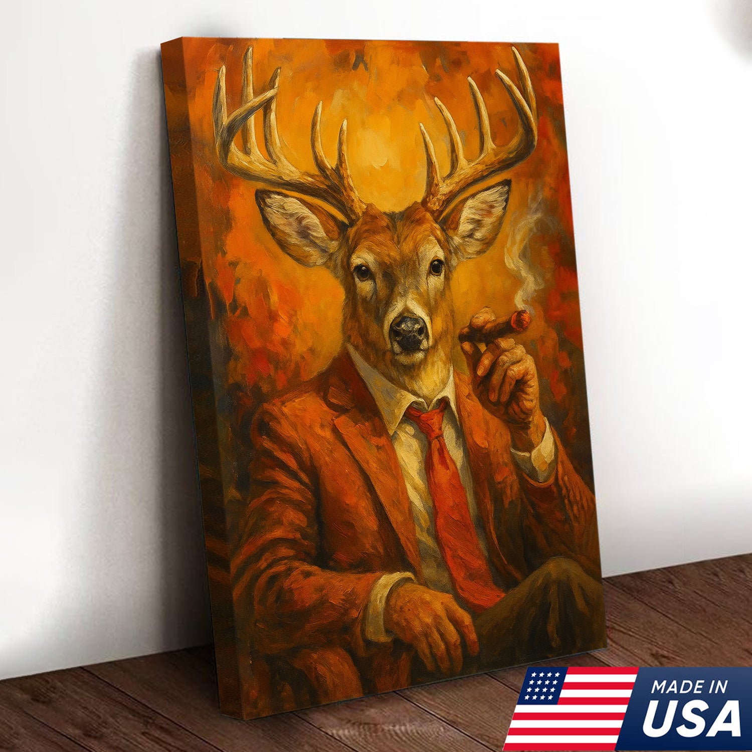 Deer Smoking Canvas, Buck Wall Art Print in Suit for Man Cave, Rustic Hunting Cabin & Smoking Lounge