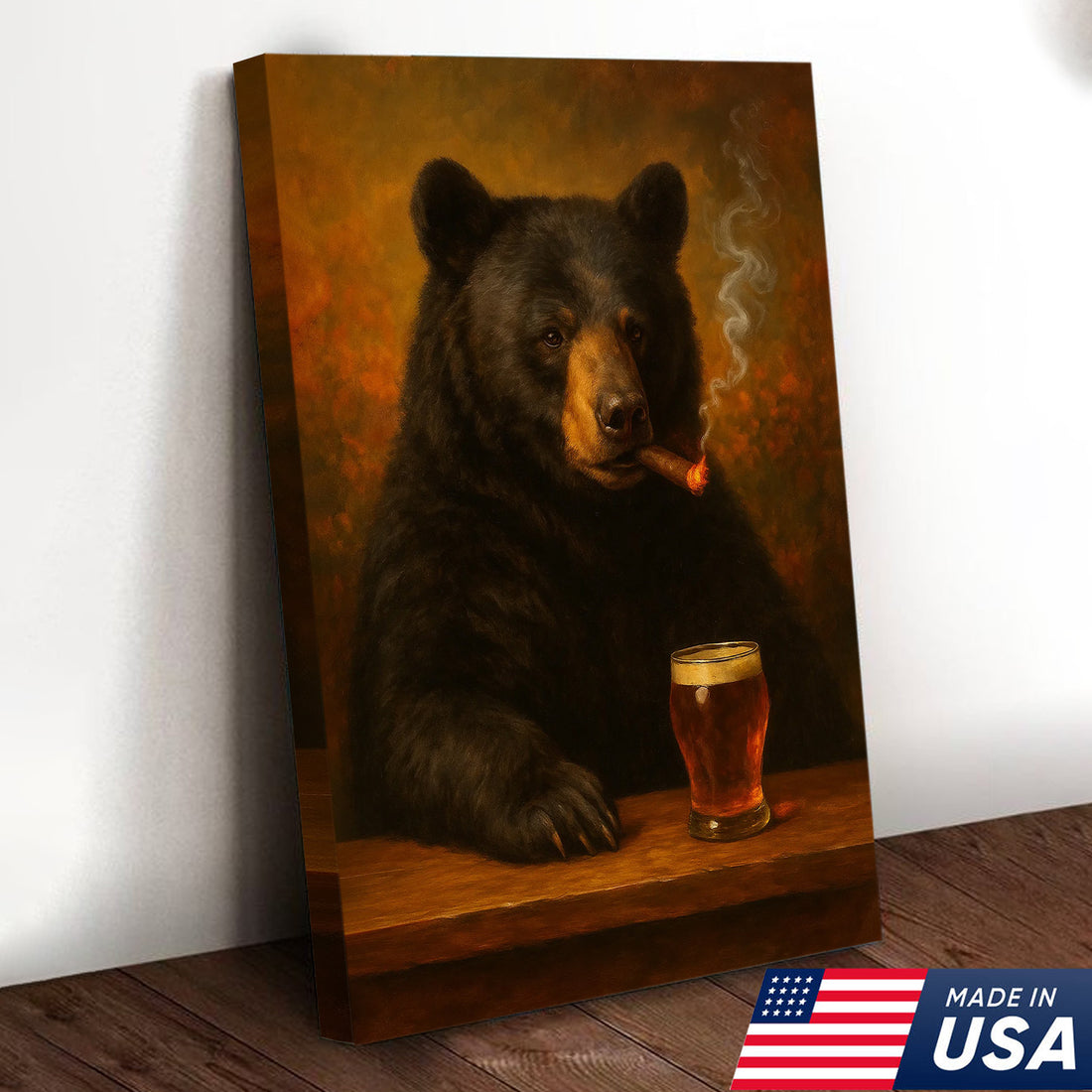 Funny Bear Drinking Cocktail Glasses & Smoking Canvas Wall Art - Rustic Bar & Hunting Lodge Decor