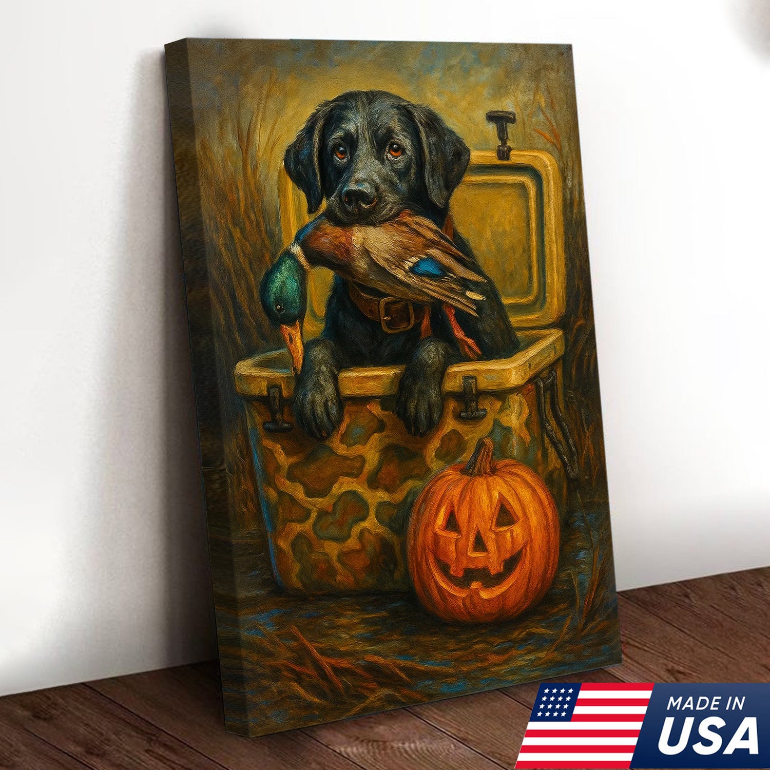 Labrador Retriever Hunting Dog Canvas Wall Art – Black Lab with Duck and Halloween Pumpkin Decor