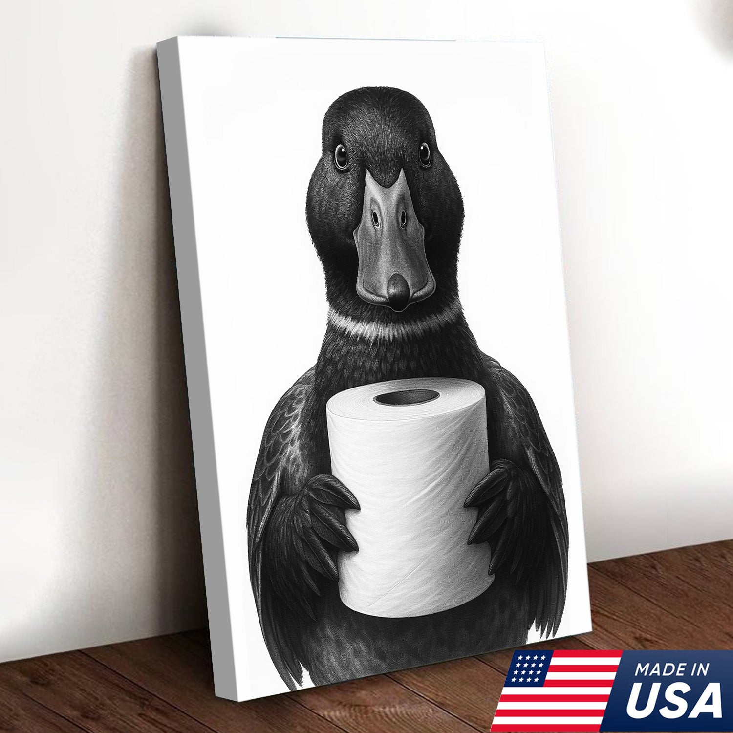 Mallard Duck Canvas Wall Art, Funny Animal Portrait Holding Toilet Paper, Black and White Bathroom Decor Print