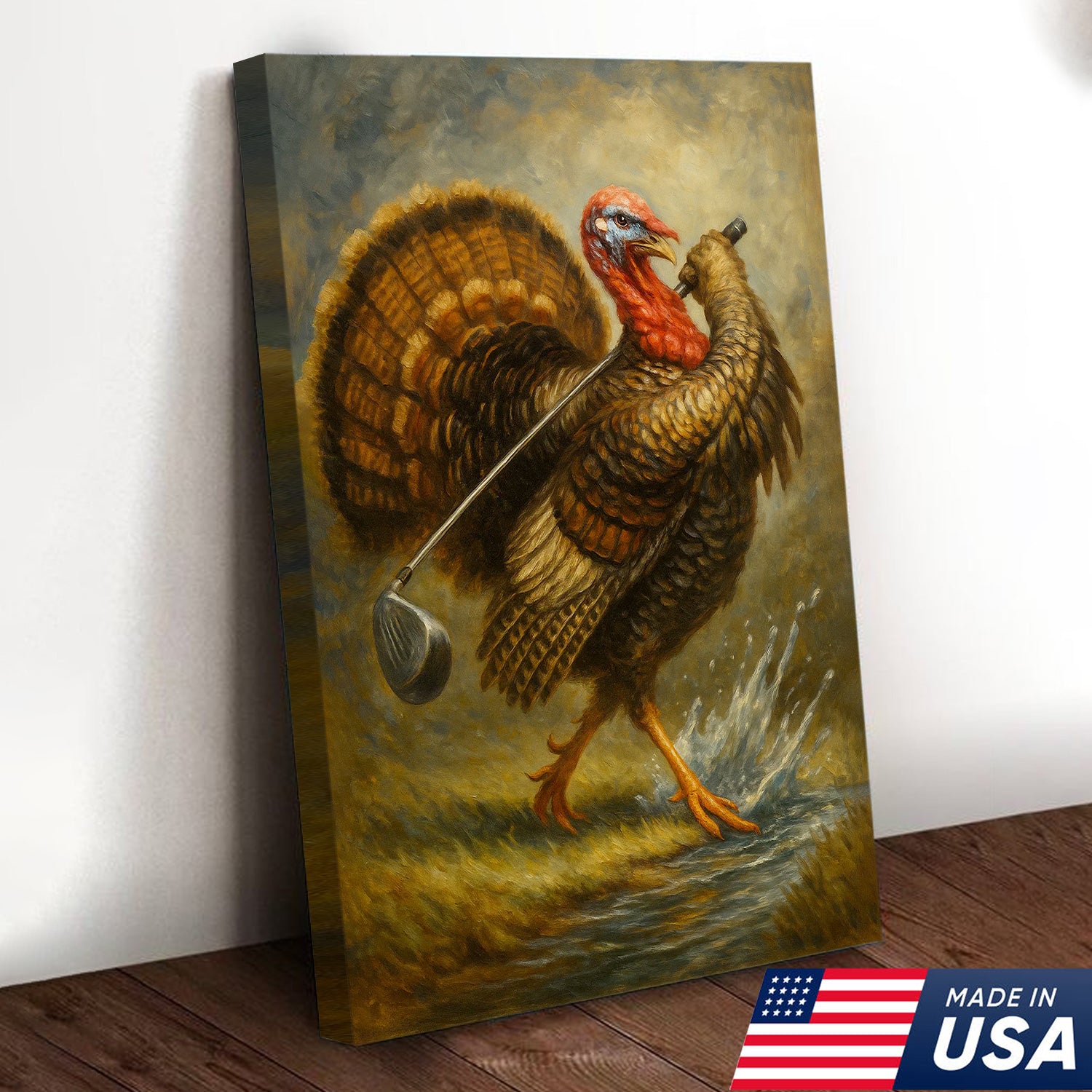 Funny Turkey Playing Golf Canvas Wall Art – Rustic Cabin Lodge Decor, Man Cave & Golfer Gift