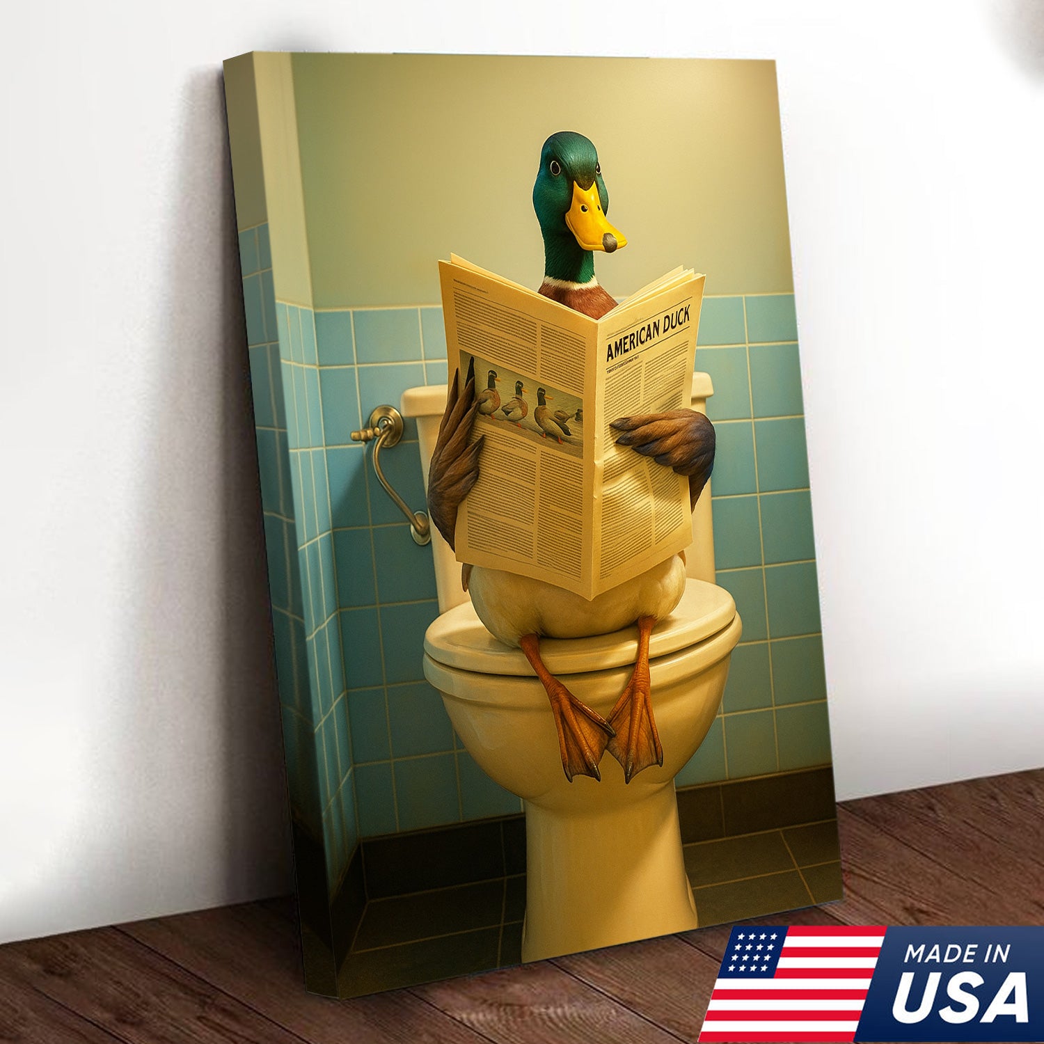 Funny Duck Bathroom Wall Art Canvas – Mallard Reading Newspaper Canvas Decor