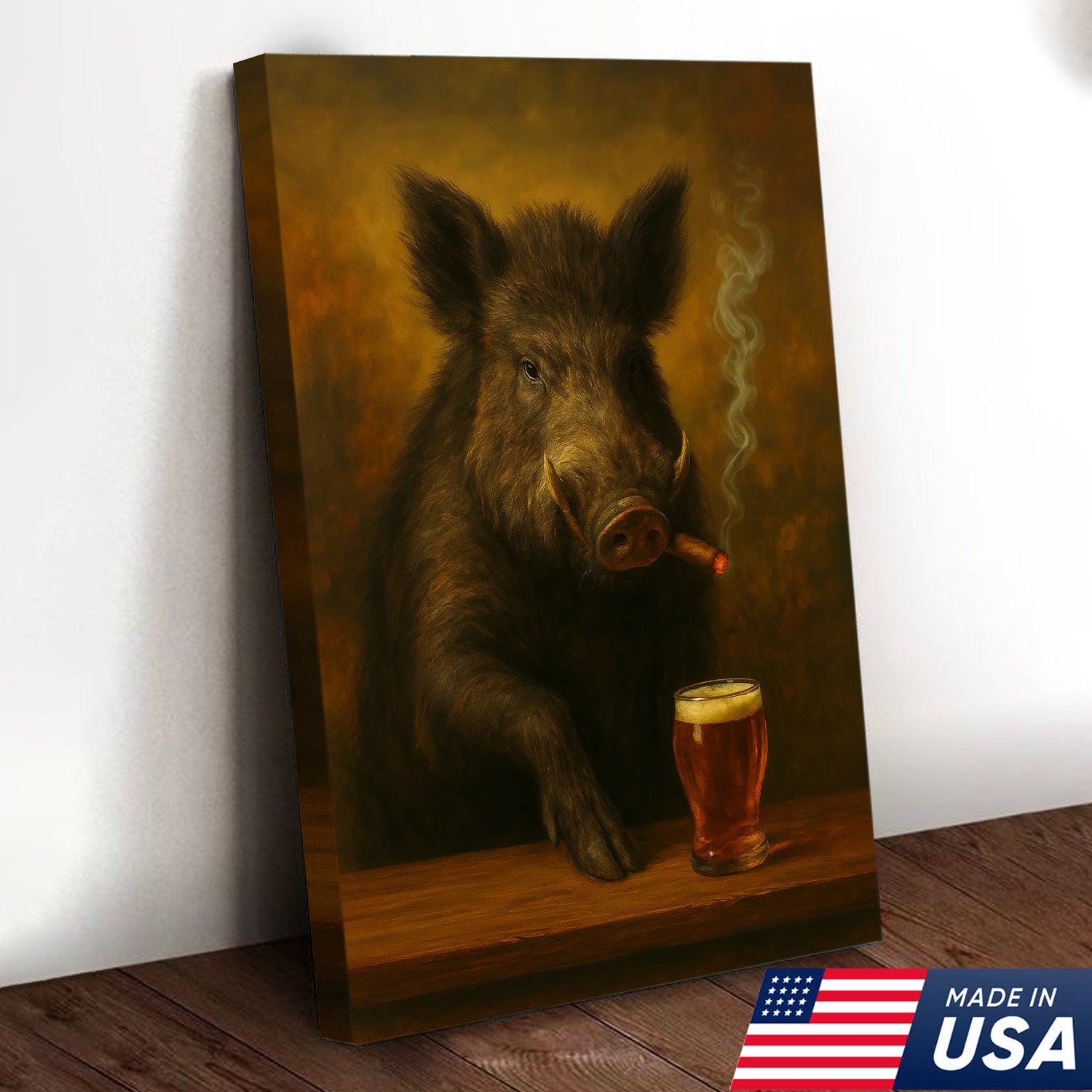 Funny Wild Boar Smoking with Cocktail Glasses Canvas – Rustic Hunting Lodge Wall Art
