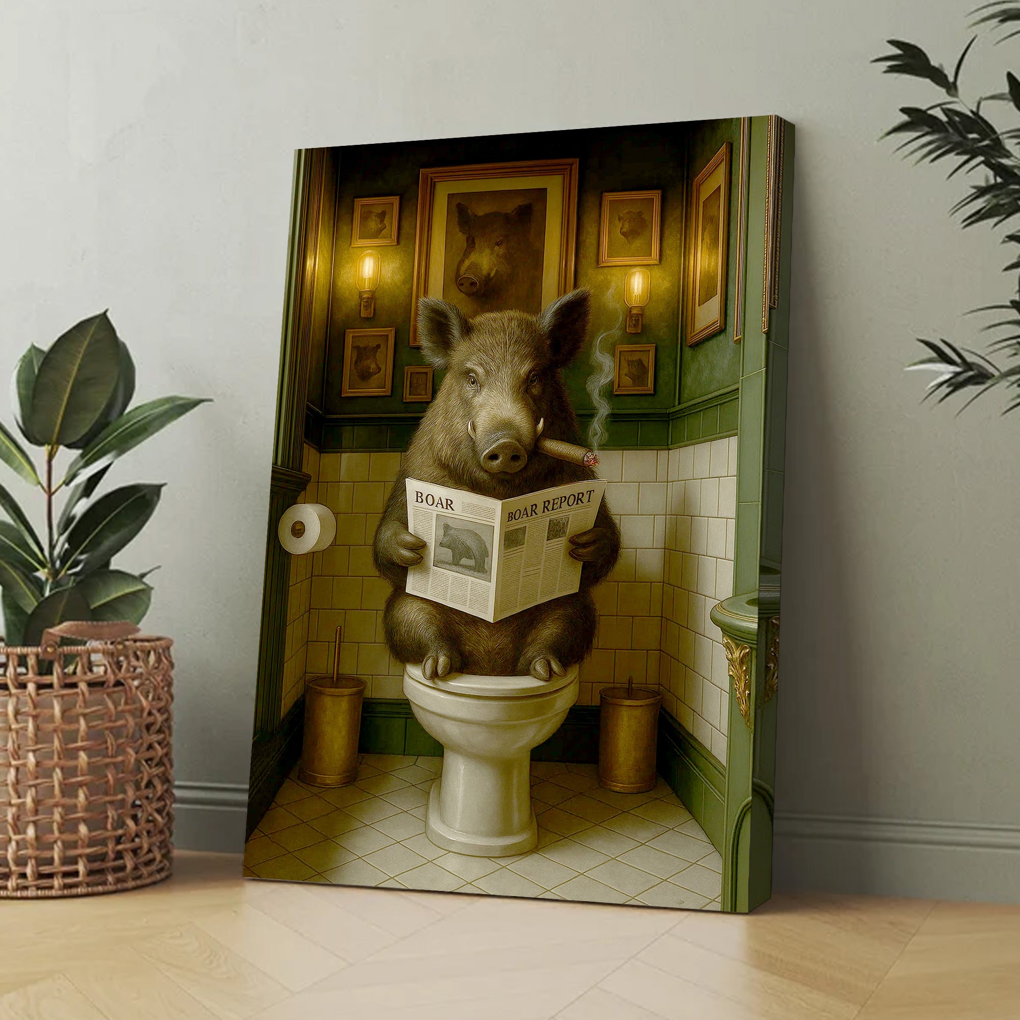 Boar Reading News Smoking Bathroom Wall Art – Rustic Decor for Men, Hilarious Gift for Men, Hunter