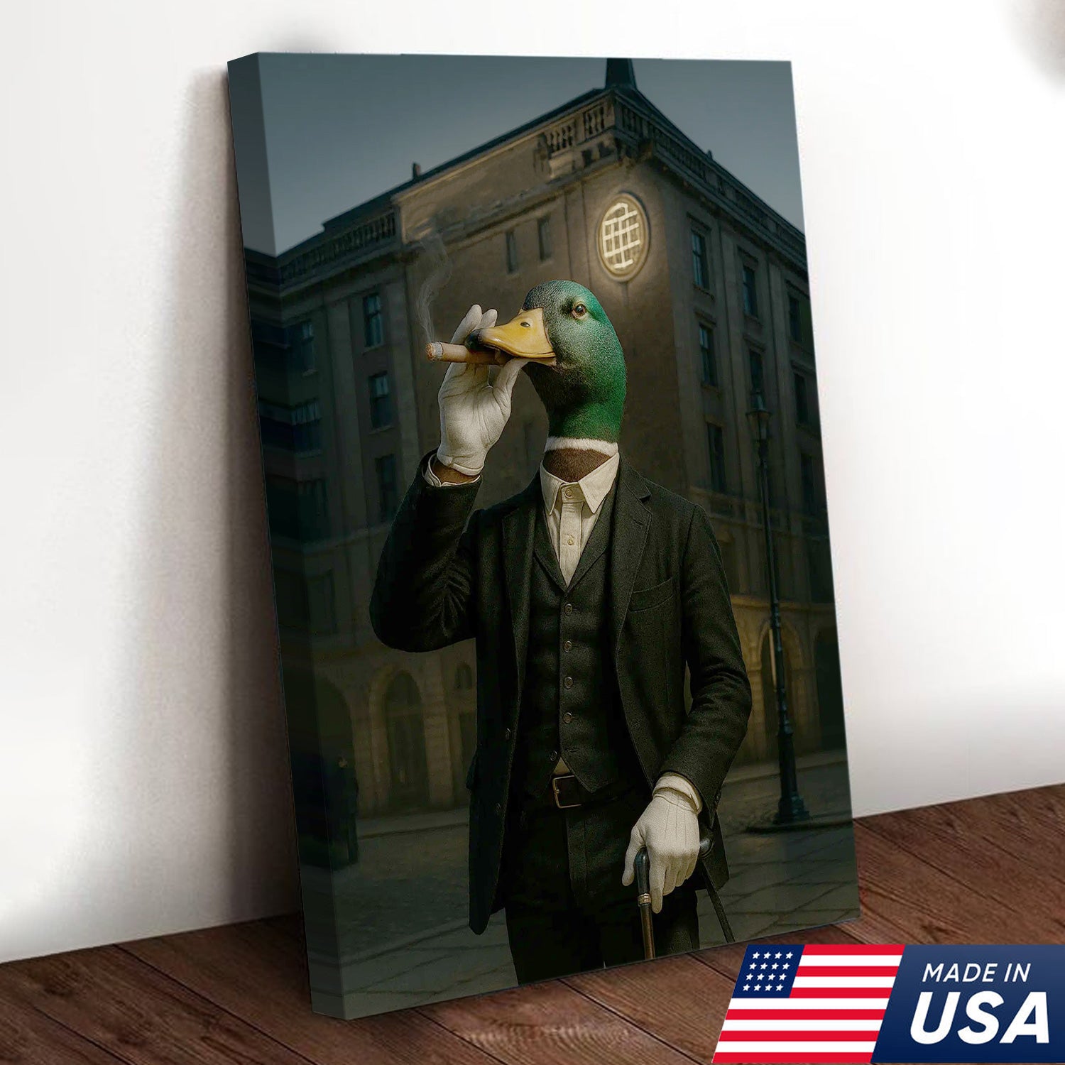 Mallard Gentleman Canvas – Duck in Suit Portrait, Vintage Noir Animal Wall Art for Office & Cabin