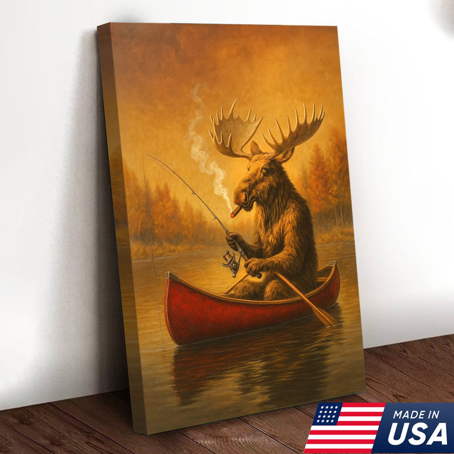 Funny Moose Fishing Canvas Wall Art, Rustic Cabin & Lodge Decor for Hunters & Fishermen