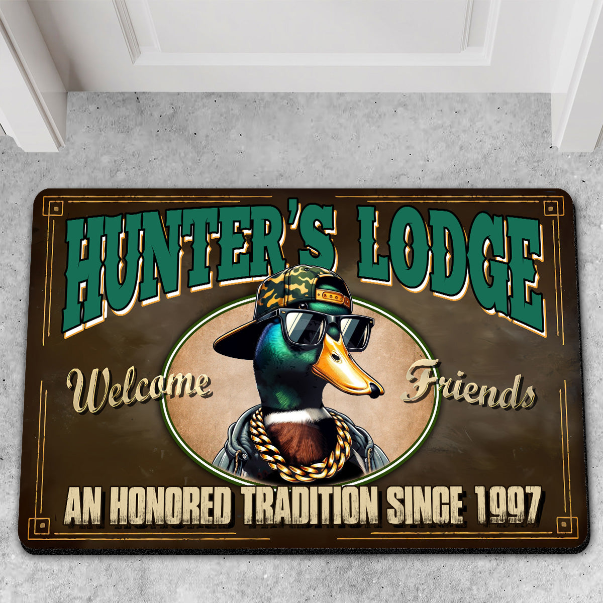 Personalized Hunter’s Lodge Duck Doormat – Funny Hunting Welcome Mat with Custom Year, Rustic Cabin & Lodge Decor