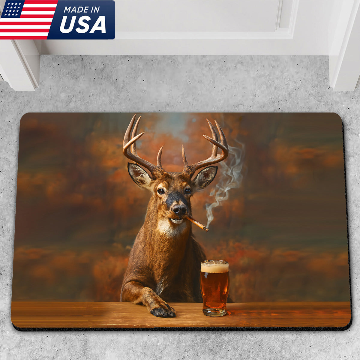 Deer Smoking & Bar Glassware Doormat – Funny Hunting Cabin Rug, Man Cave & Outdoor Decor Gift